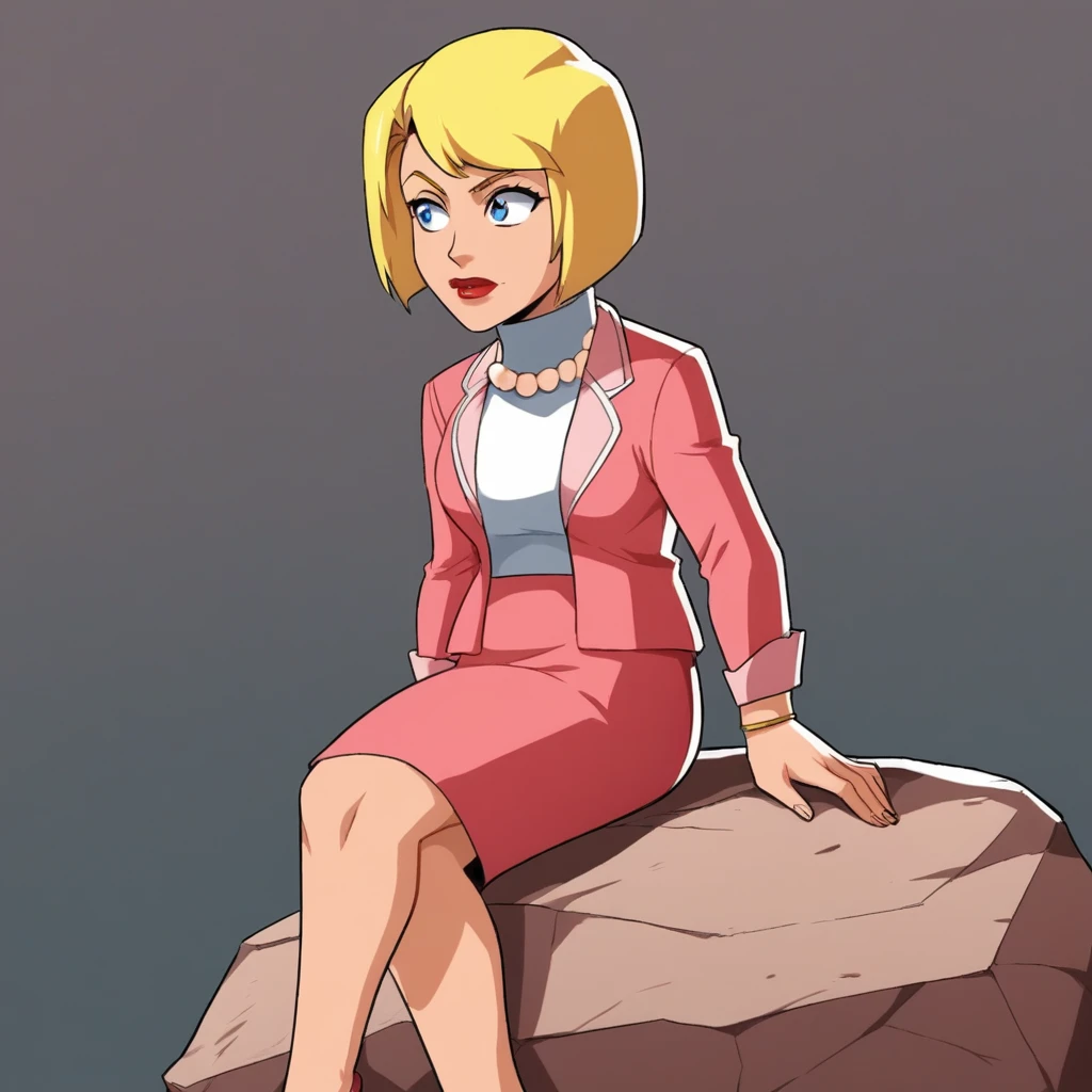 score_7_up, BREAK, PrincipalShields, 1girl, solo, blonde hair, short hair, blue eyes, lipstick, pearl necklace, white turtleneck, pink suit, formal, pencil skirt, <lora:PrincipalShields_SpieZ_PXL_Leaf1:0.8>, sitting on rock,