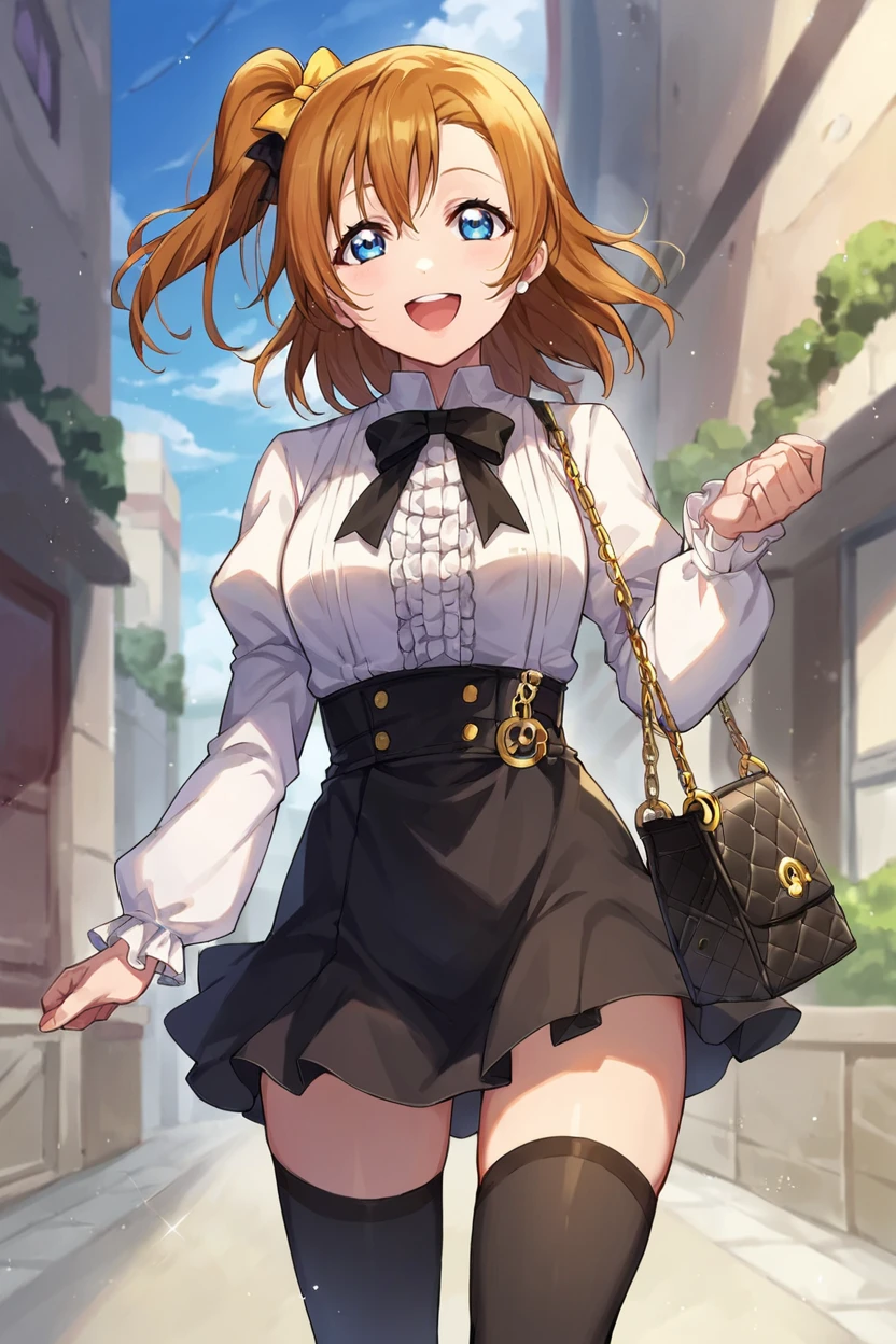 score_9, score_8_up, score_7_up, source_anime BREAK 1girl, solo, lovelive_honoka, (white vulcan blouse, black mini skirt, black thighhighs:1.3), handbag, medium hair, brown hair, blue eyes, looking at you, smile, open mouth, city <lora:lovelive_honoka:0.8>