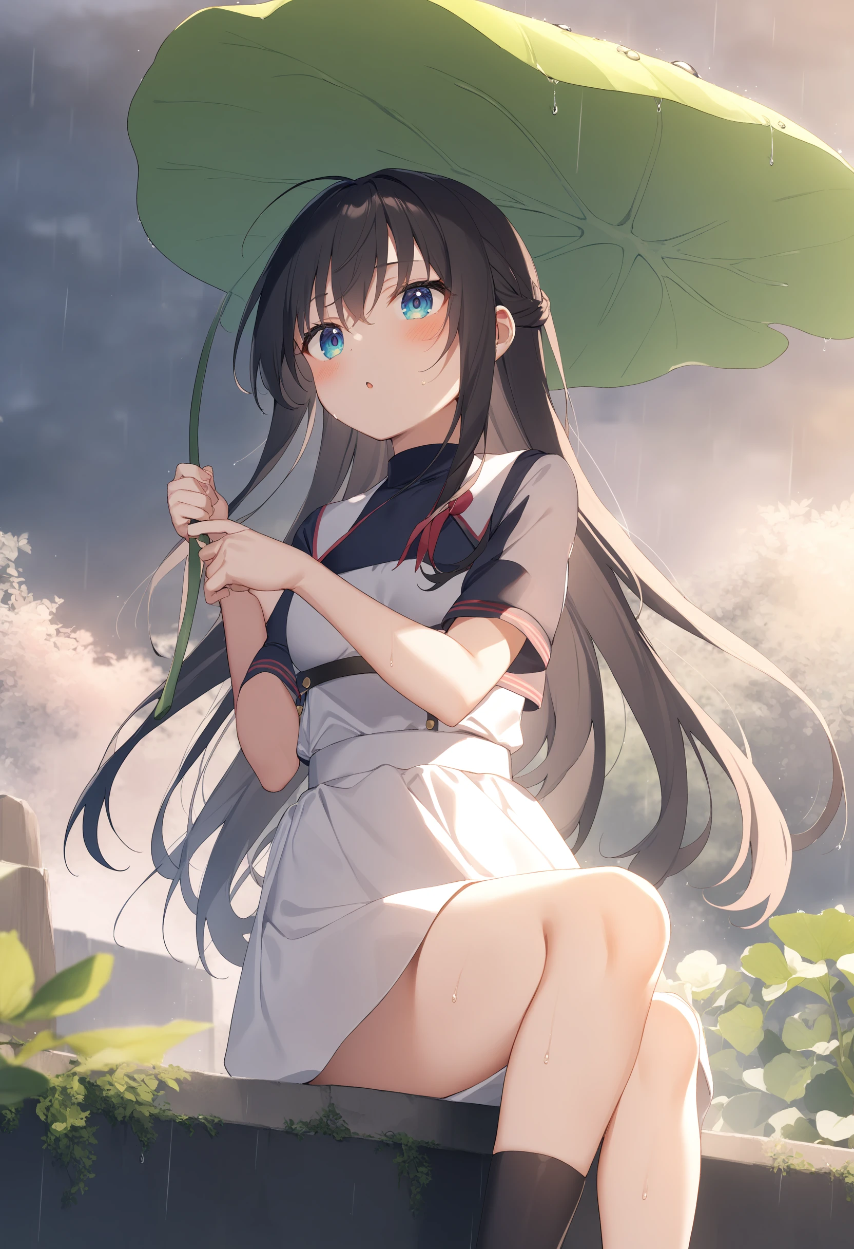 1girl,sincos, ningen mame, toosaka asagi,solo,medium breasts,
leaf umbrella, holding leaf, water drop, rain, outdoors, <lora:leafumbrella_XL_v1:0.8>
best quality, very aesthetic, absurdres