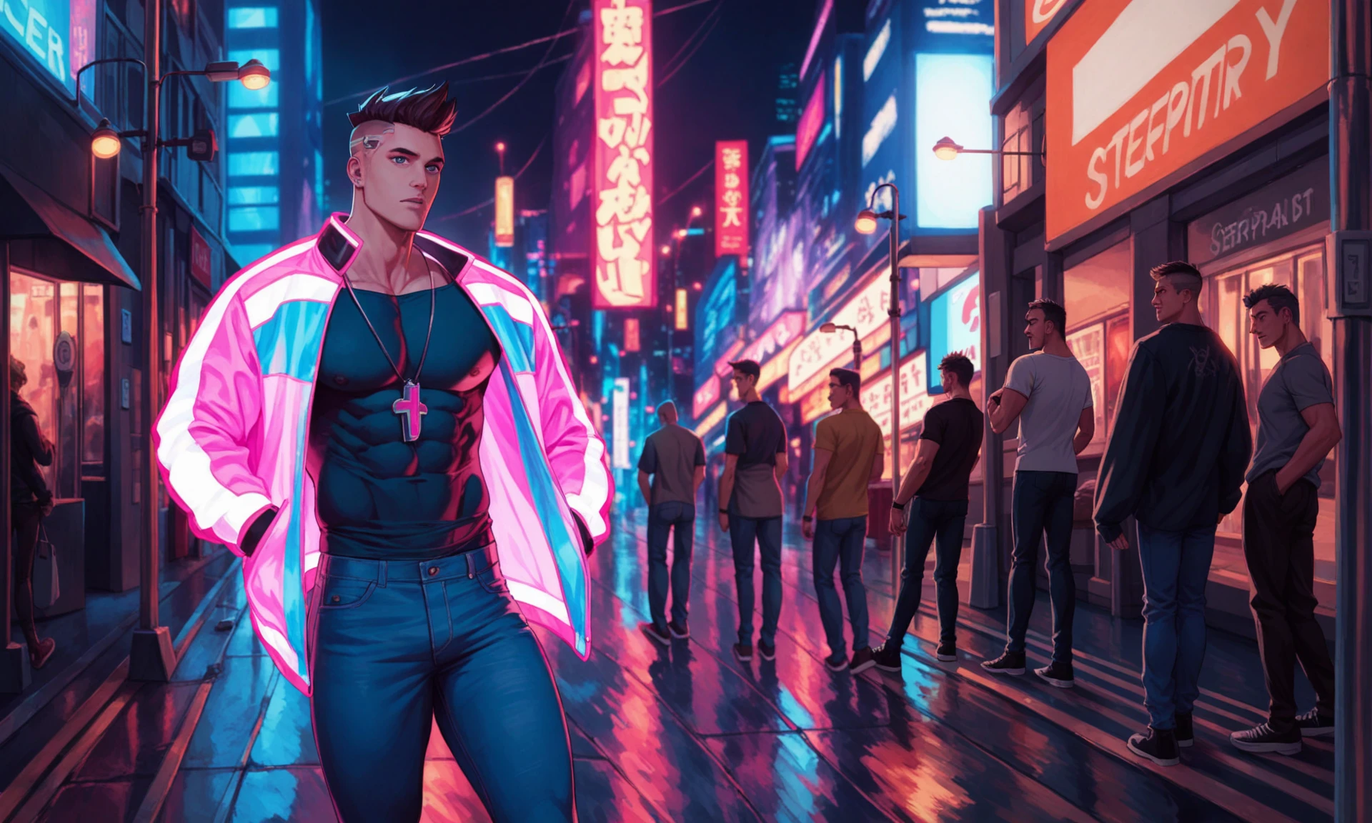 score_9, best quality, a man standing at the footpath in a cyberpunk city, fit, tshirt, jeans, glowing jacket, street photography,