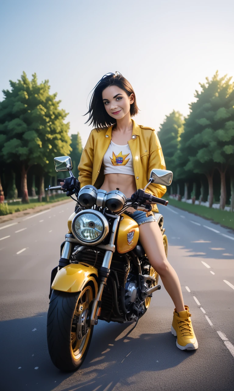 score_9, score_8_up, score_7_up, score_6_up, score_5_up, score_4_up,  sitastmo, (front  view)++++ , slim girl sitting on yellow  motorcycle , hotpants and top  ,  (a short dark haircut) 
 <lora:SitAstrideMotorCyclePony:1>