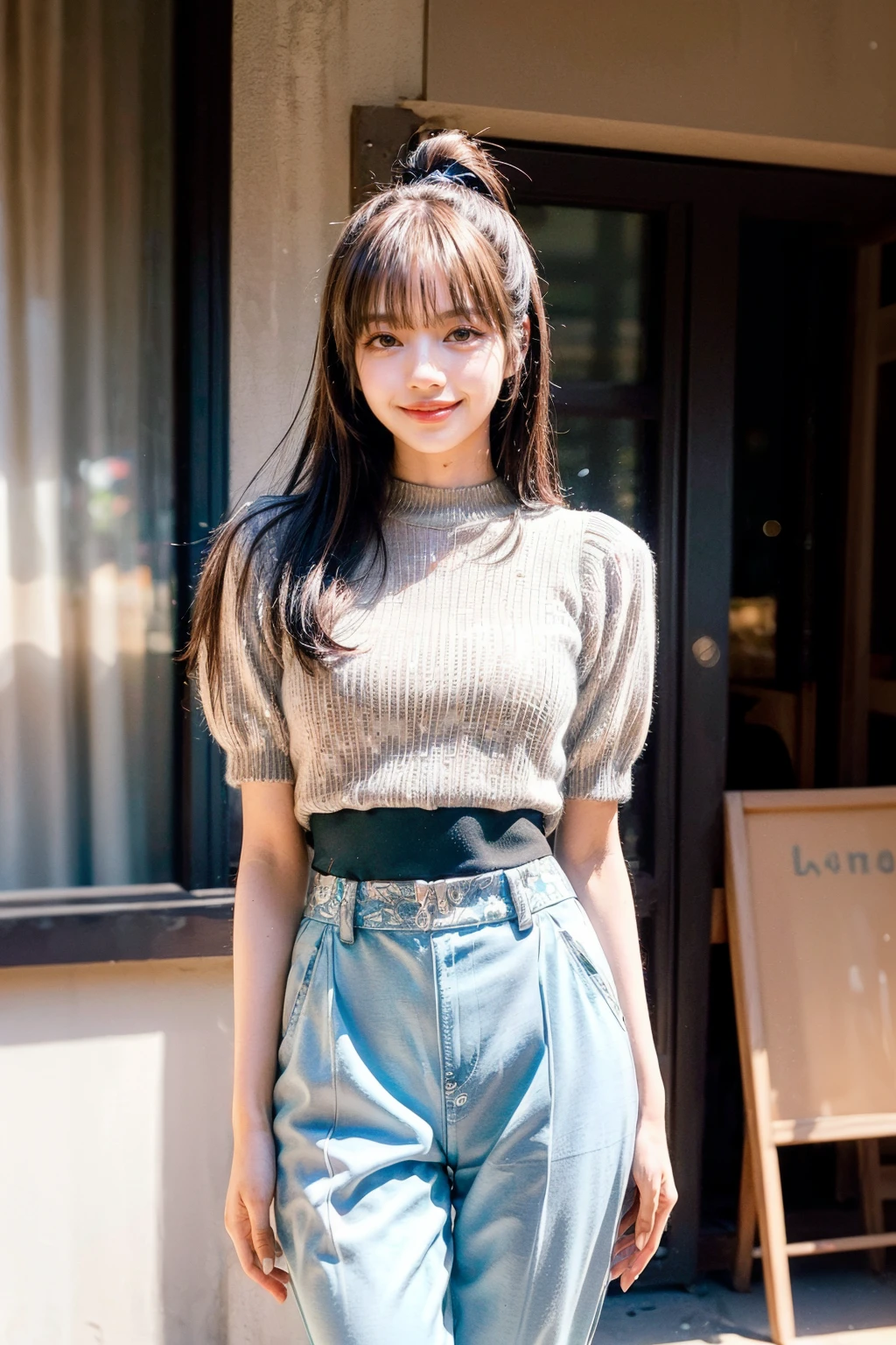 (knee high socks) , standing , clothing , master piece , best quality , detailed , bangs , female , smile , full body , indoor