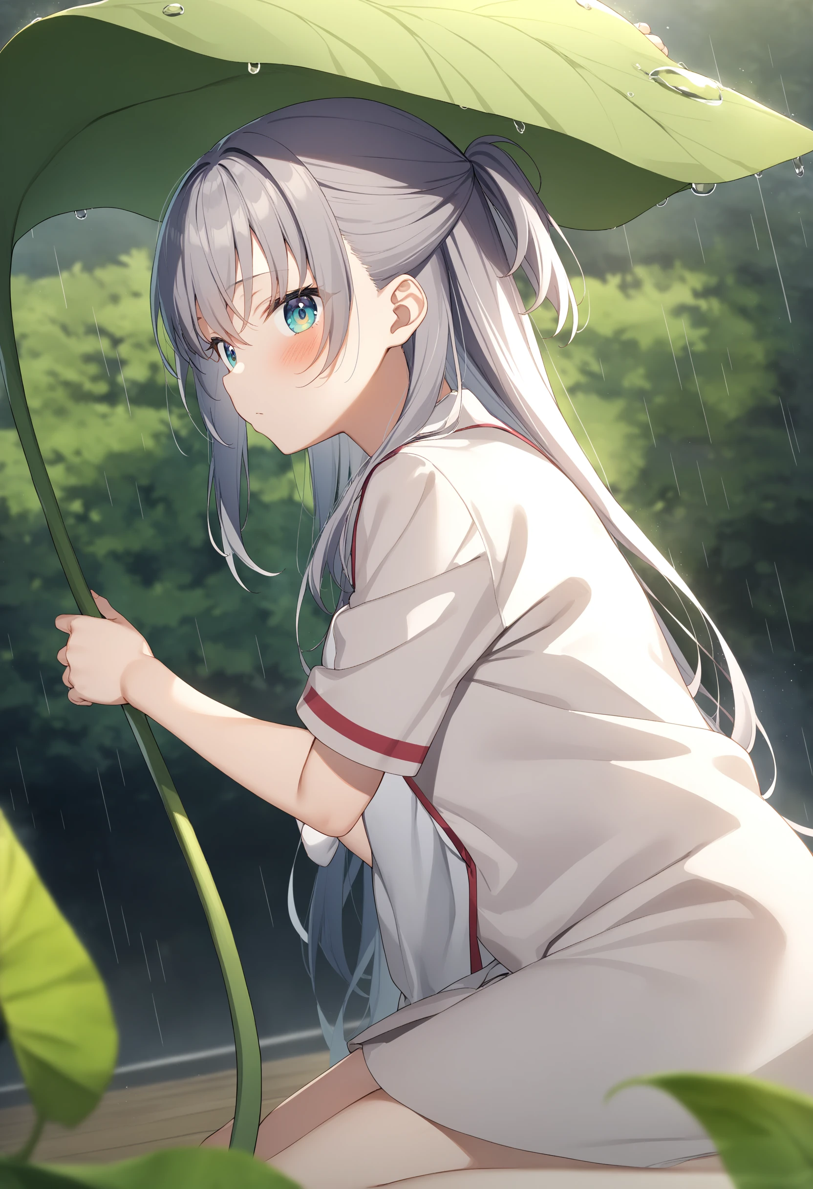 1girl,sincos, ningen mame, toosaka asagi,solo,medium breasts,
leaf umbrella, holding leaf, water drop, rain, outdoors, <lora:leafumbrella_XL_v1:0.8>
from side, panorama shot, looking at viewer, gray hair, green eyes,blush, faculty room, closed mouth, half updo hair,,
best quality, very aesthetic, absurdres