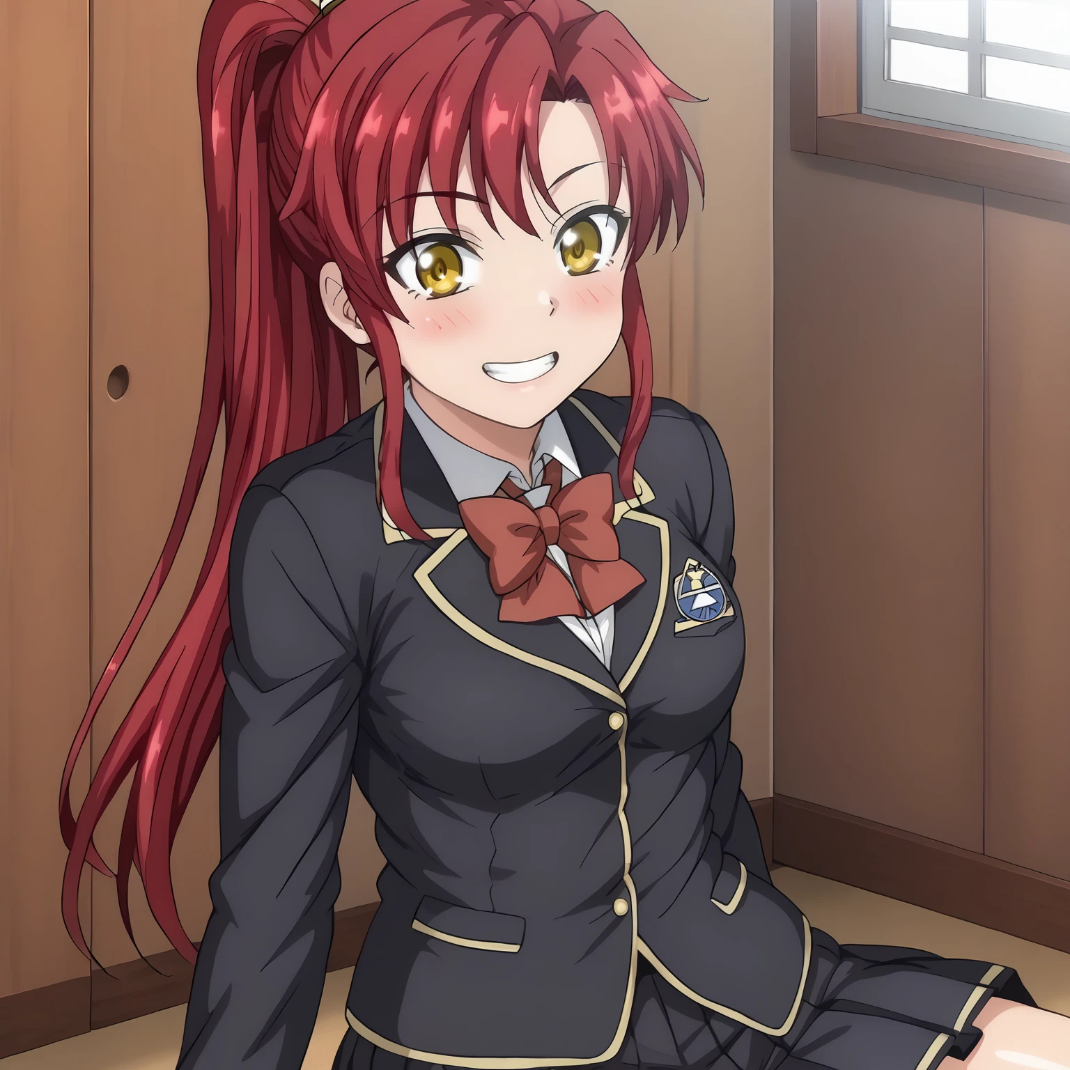 <lora:MisakiShinoharaXLpony001>,
blush,smile,
solo,
MisakiShinohara,1girl,crimson hair,ponytail,yellow eyes,
school_uniform,black blazer,red bowtie,
pleated_skirt,black skirt,
black socks,