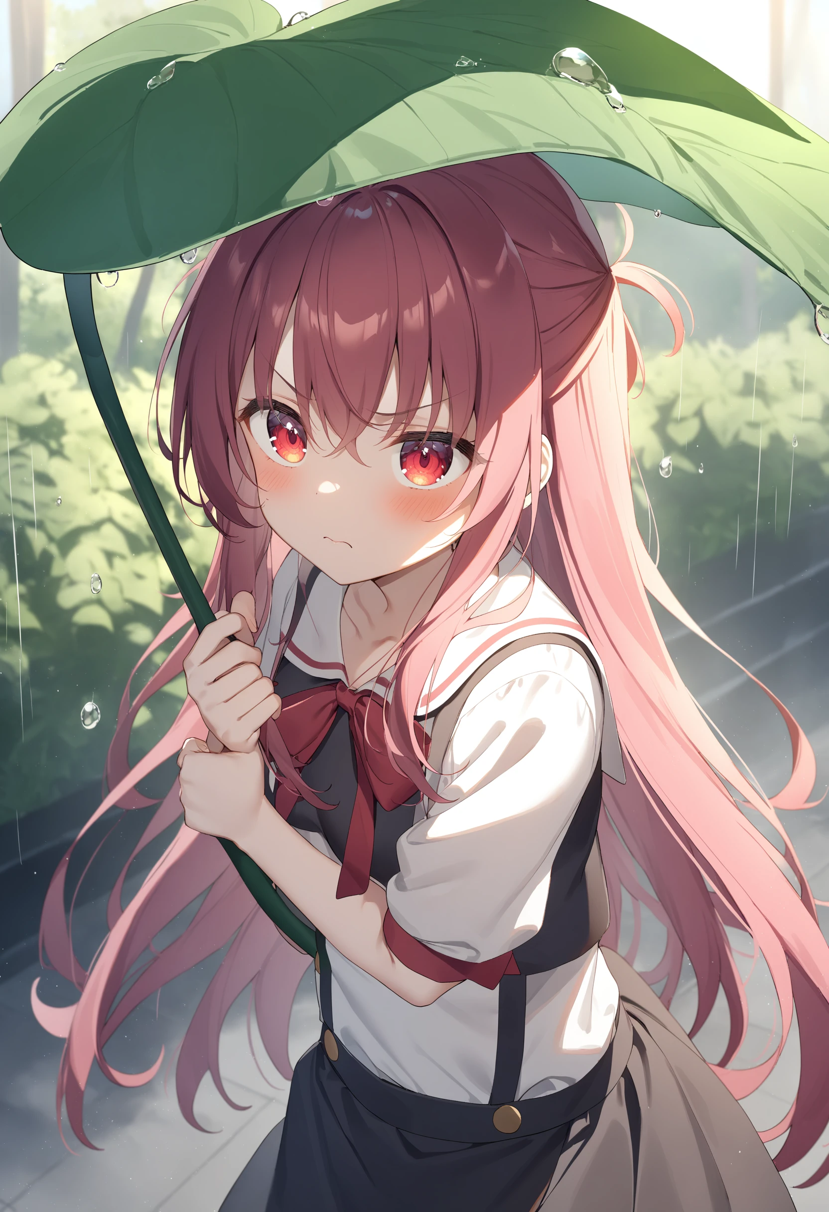 1girl,sincos, ningen mame, toosaka asagi,solo,medium breasts,
leaf umbrella, holding leaf, water drop, rain, outdoors, <lora:leafumbrella_XL_v1:0.8>
ceiling, cowboy shot, looking up, pink hair, red eyes,disgust, botanical garden, closed mouth, side hair,,
best quality, very aesthetic, absurdres