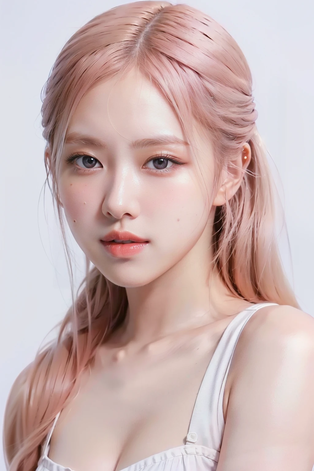 masterpiece,best quality,realisic skin details,portrait,upper body,cute girl,looking to the viewer,asian,pale skin,beautiful,simple background,looking at viewer,white outfit,<lora:Rosé-02:0.9>,Rosé,<lora:GoodHands-vanilla:1>,