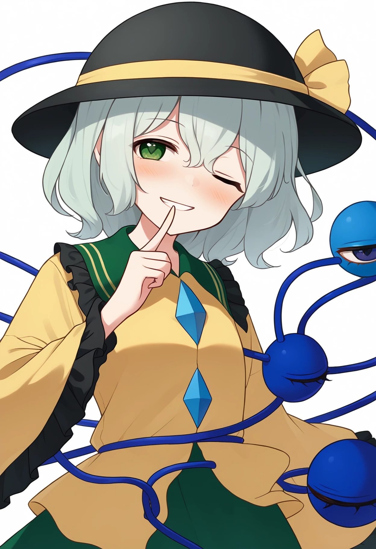 score_9, uncensored, source_anime
BREAK
komeiji koishi, 1girl, solo, looking at viewer, blush, smile, short hair, shirt, long sleeves, hat, bow, ribbon, hair between eyes, green eyes, upper body, flower, heart, frills, one eye closed, silver hair, wide sleeves, grin, head tilt, black headwear, buttons, rose, frilled sleeves, hat ribbon, hat bow, third eye, index finger raised, yellow bow, finger to mouth, blue flower, frilled shirt collar, yellow shirt, yellow ribbon, hat flower, blue rose, heart of string, diamond button
<lora:kanpa_pony_v1:1> <lora:Touhou_pony:1>
