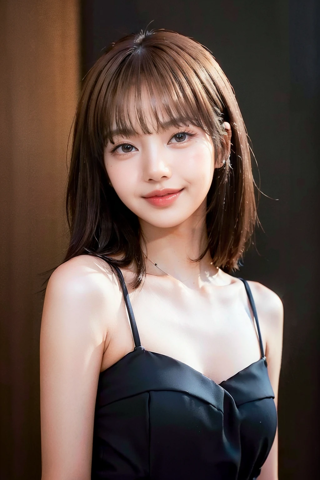 (masterpiece, best quality, high intricate details, realistic skin details, photo realistic),1girl,solo,realistic,photorealistic,ultra detailed,looking to the viewer,upper body,
standing,(black dress),simple background,(closeup),lisa,<lora:Lisa-v1:0.9>,blunt bangs,bangs,brown hair,smile,