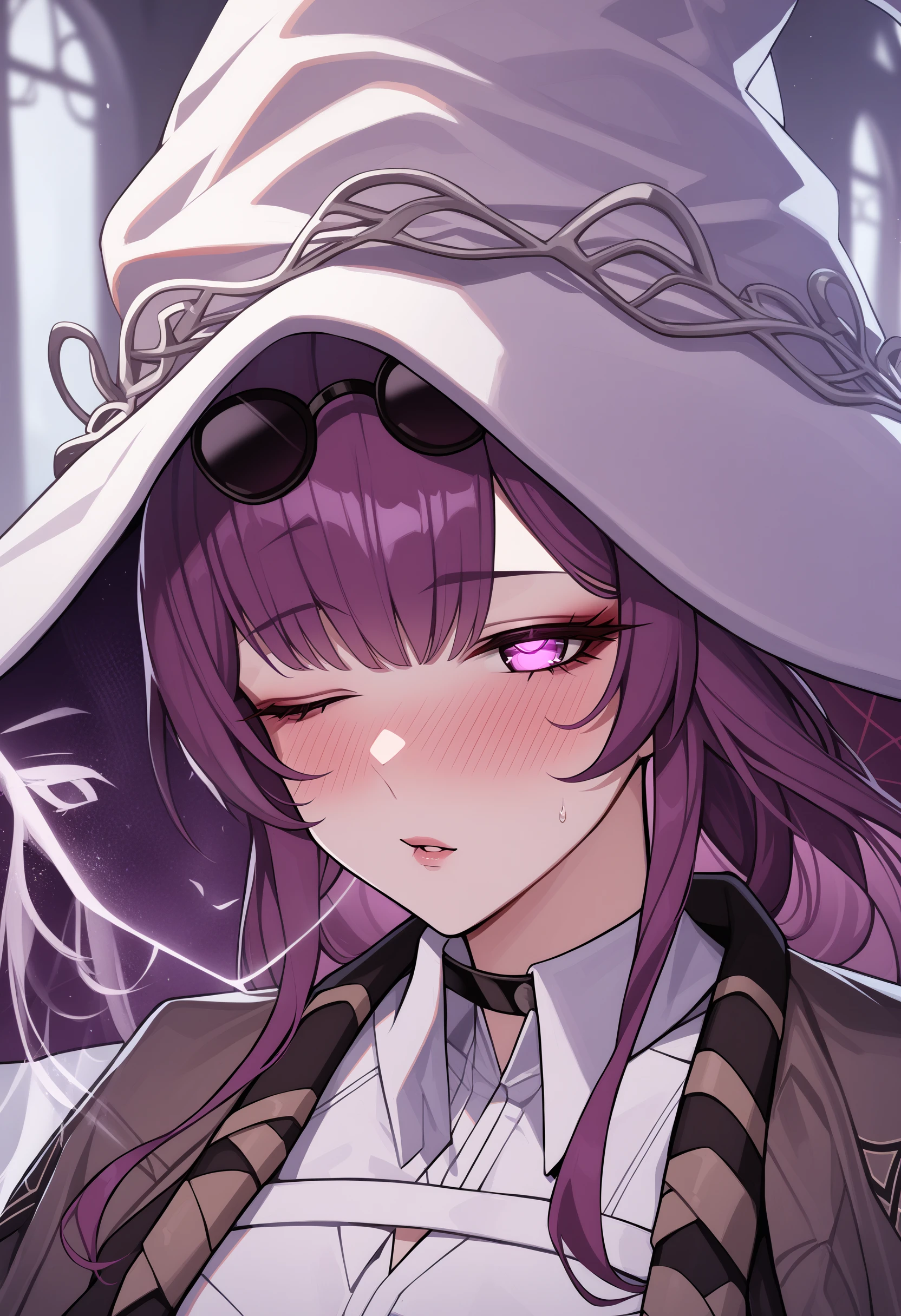 1girl, kafka, purple eyes, bangs, eyewear on head, IncrsXLRanni, white dress, witch hat, brown cloak, one eye closed, extra faces, blush, looking at viewer, masterpiece, best quality, <lora:Kafka_Animagine:0.7>, <lora:RanniXLV2:1>, <lora:ExtraFaces_XLPD_CAME:1>