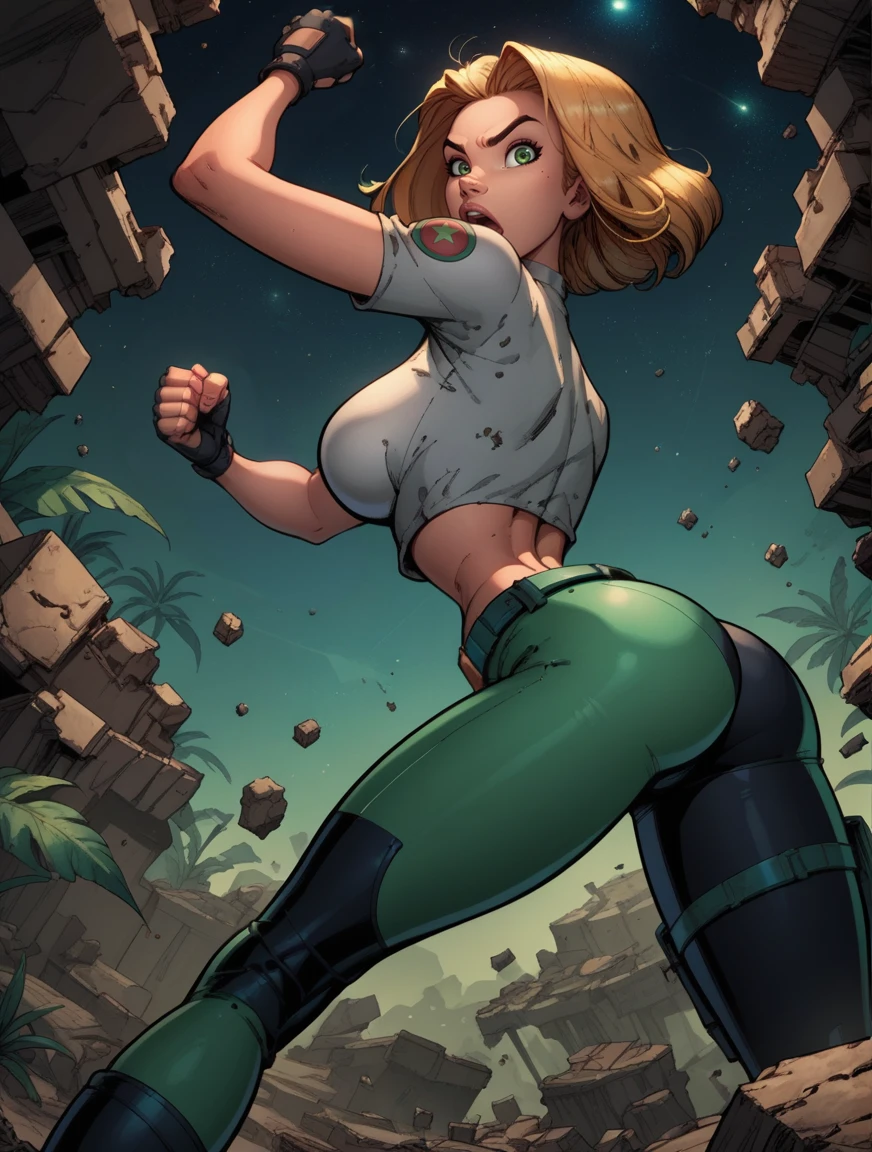 score_9, score_8_up, score_7_up,score_6_up, score_5_up, score_4_up , 1girl, solo,
large breasts,
AchaseDG,
hort hair, blonde hair, green eyes,
white shirt, black gloves, crop top, green and black pants, belt, fingerless gloves,
skin_tight,
from below,
jungle,night, starry sky, light particles, rubble,
clenched hands, leaning forward, fighting stance,
looking at viewer, open mouth,
black footwear, from behind, ass,
<lora:AbbyChase DG PonyXL V1:0.90>