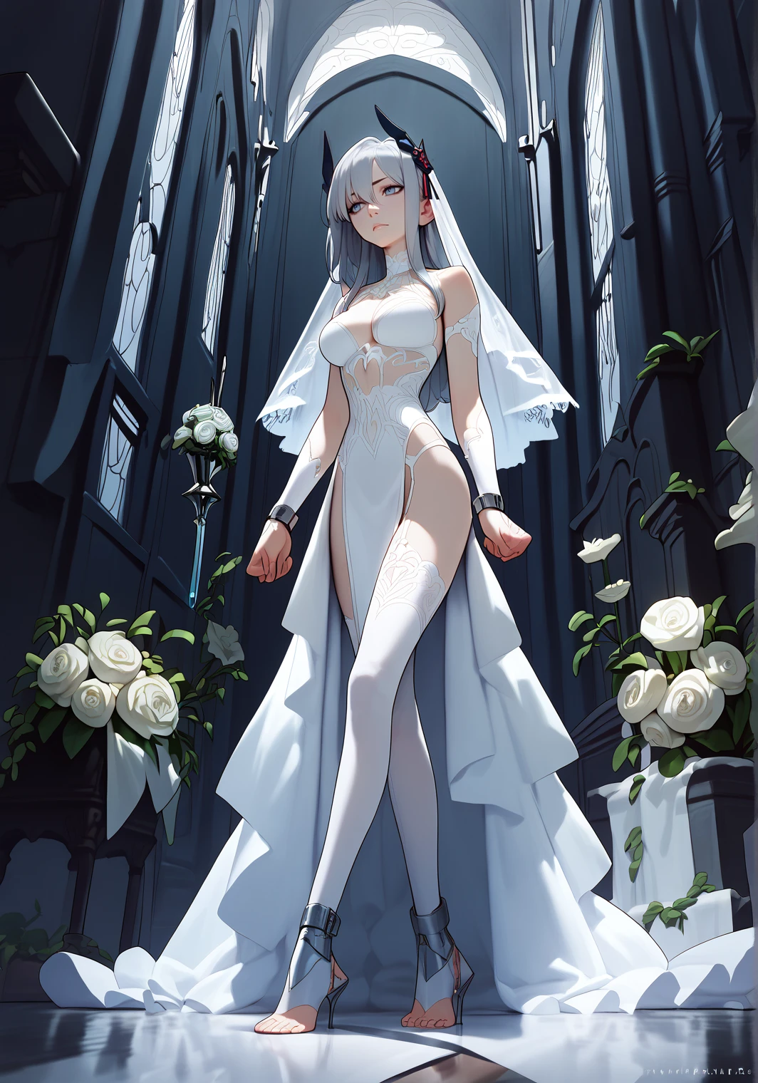 score_9, score_8_up, score_7_up, score_6_up, 8k, best quality, masterpiece, 
solo, wedding dress lingerie, bondage, (arms behind), standing at wedding alter, 
<lora:hanxue-pony-Tanger:0.65>, hanya, 1girl, breasts, high heels, long hair, toeless footwear, grey hair, hair ornament, 
<lora:IncaseLycoXL:0.7>,