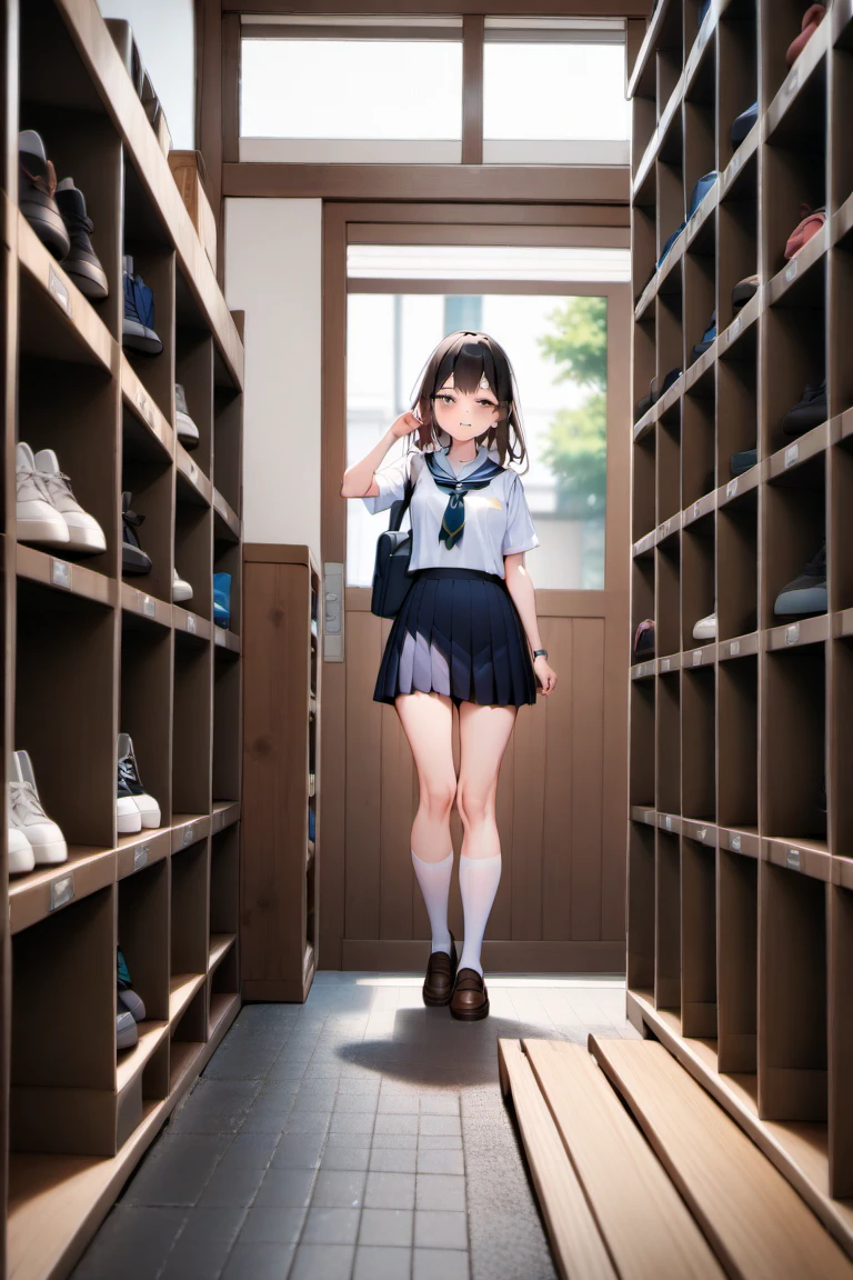 <lora:schoolEntrancePony:1> school shoe rack, entrance, (wood duckboard on ground),asphalt,  best quality, very aesthetic, absurdres,1girl,school uniform,