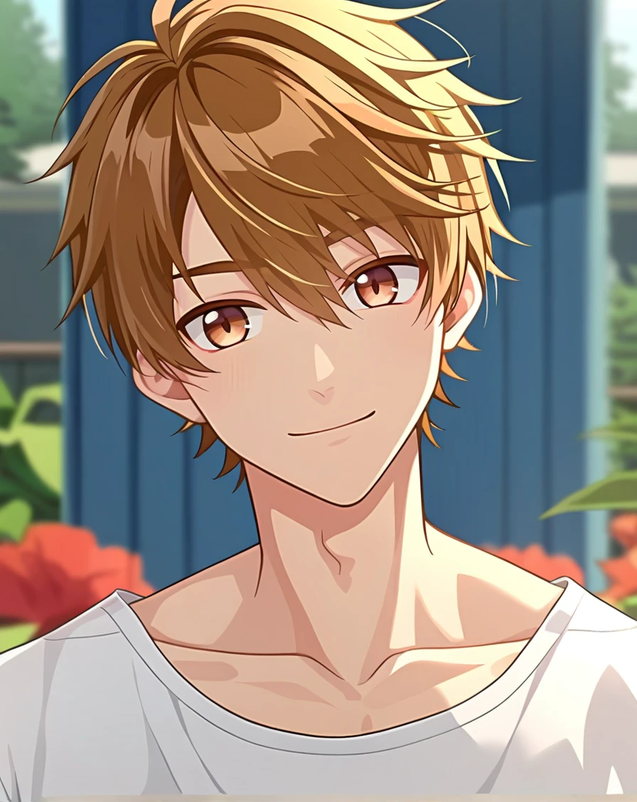 score_9_up, score_8_up, rating_safe, depth of field, anime screencap, anime coloring, official style, ((1boy, solo, male only, male focus, upper body)), (luke_pearce, hazel eyes, brown hair, short hair, hair between eyes, bangs, black pupils), happy, looking at viewer, facing viewer, collarbone, outdoors, <lora:luke_pony_v2:0.80>