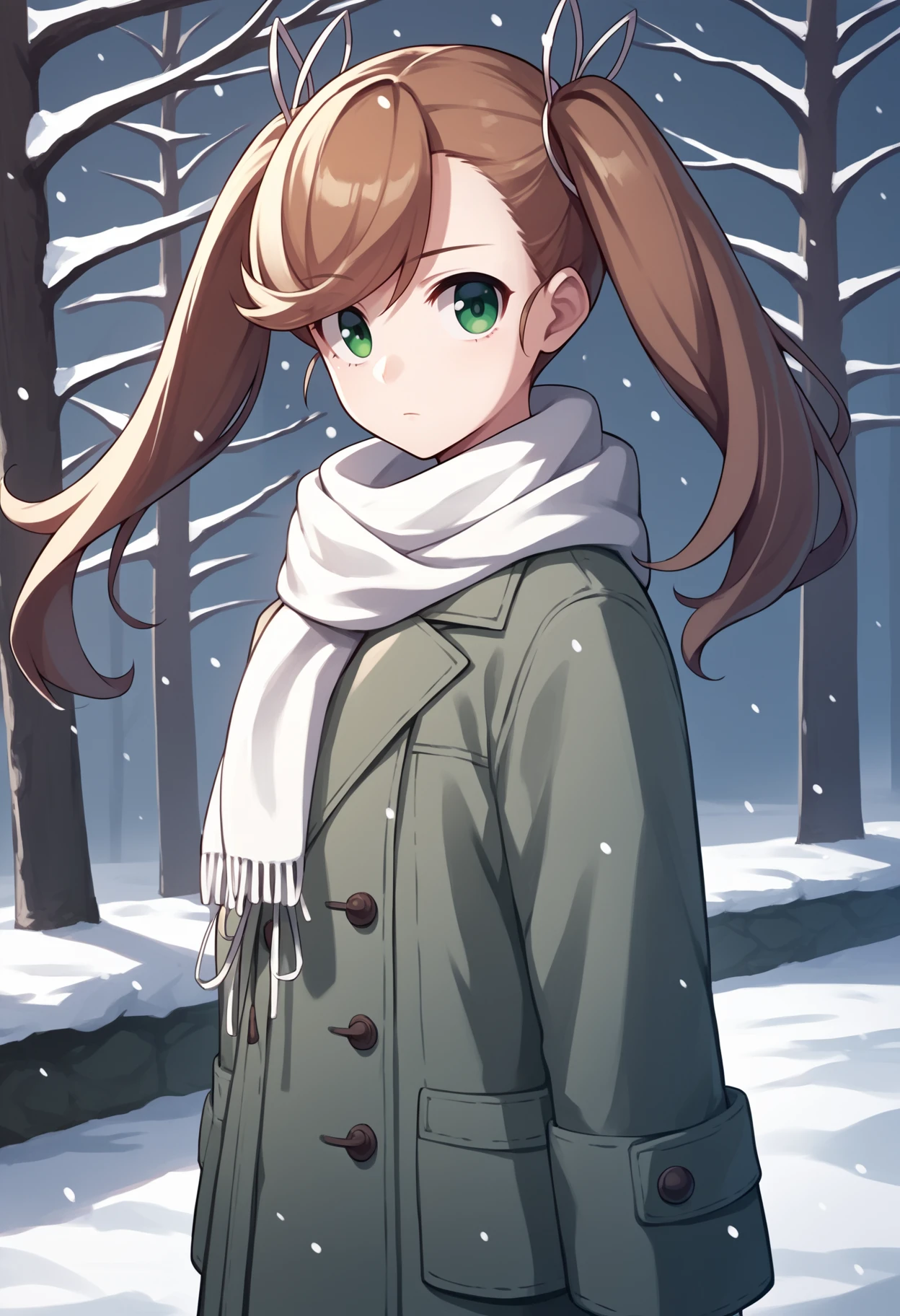 score_9, score_8_up, score_7_up, score_6_up, score_5_up, score_4_up, BREAK, source_anime,
1girl, nanase, brown hair, twintails, hair ribbon, long hair, green eyes,
winter clothes, white scarf, coat,
expressionless, looking at viewer, outdoors, snow, snowing, solo, tree, winter <lora:NanaseXL:1>