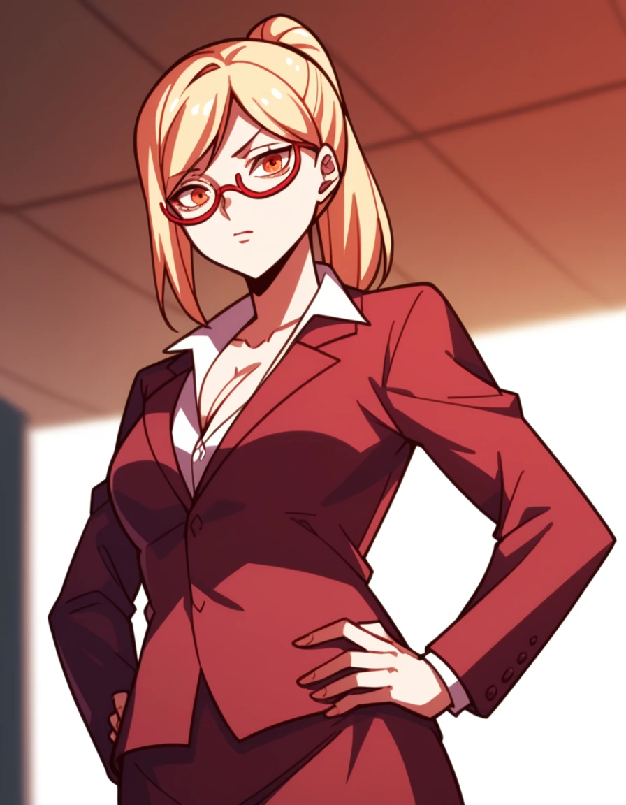 score_9, score_8_up, score_7_up, source_anime,
kaedeakiyama, <lora:kaede-akiyama-s1s2-ponyxl-lora-nochekaiser:1>,
kaede akiyama, blonde hair, ponytail, orange eyes, glasses, semi-rimless eyewear, red-framed eyewear,
skirt, shirt, long sleeves, cleavage, jacket, pantyhose, collared shirt, miniskirt, red skirt, formal, skirt suit,
indoors, office, hands on hips,
looking at viewer, dutch angle, cowboy shot, solo,