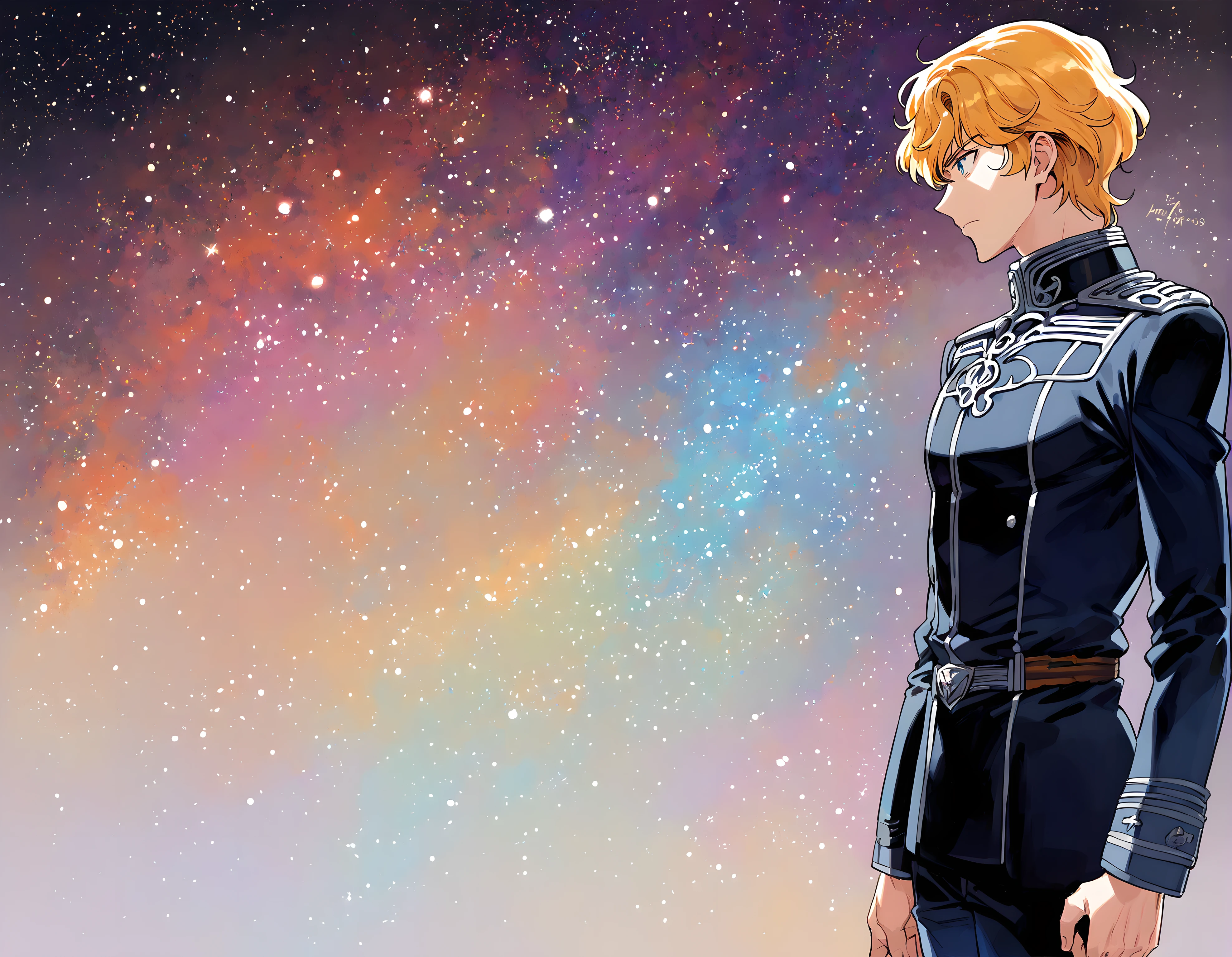 <lora:pony_xl_Reinhard:0.8>,Reinhard,score_9,score_8_up,male,1boy,solo,short hair,male focus,star \(sky\),uniform,hyper_galaxy,military,military uniform,military clothing trousers,shaded_face,standing,stars,starry_background,black_background,cowboy_shot,from_side,no ground,