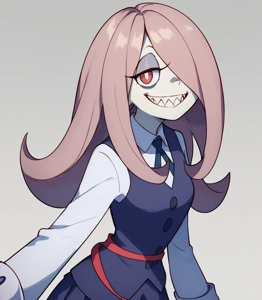 <lora:Sucy_Manbavaran_Little_Witch_Academia__-_Pony:1> , sucymanbavaran, hair covering one eye, luna nova school uniform, school uniform, red eyes, mauve hair, looking at viewer, cute, pinup, 1girl, solo, simple background, looking at viewer, cowboy shot, sharp teeth, evil grin,, score_9, score_8_up, score_7_up,