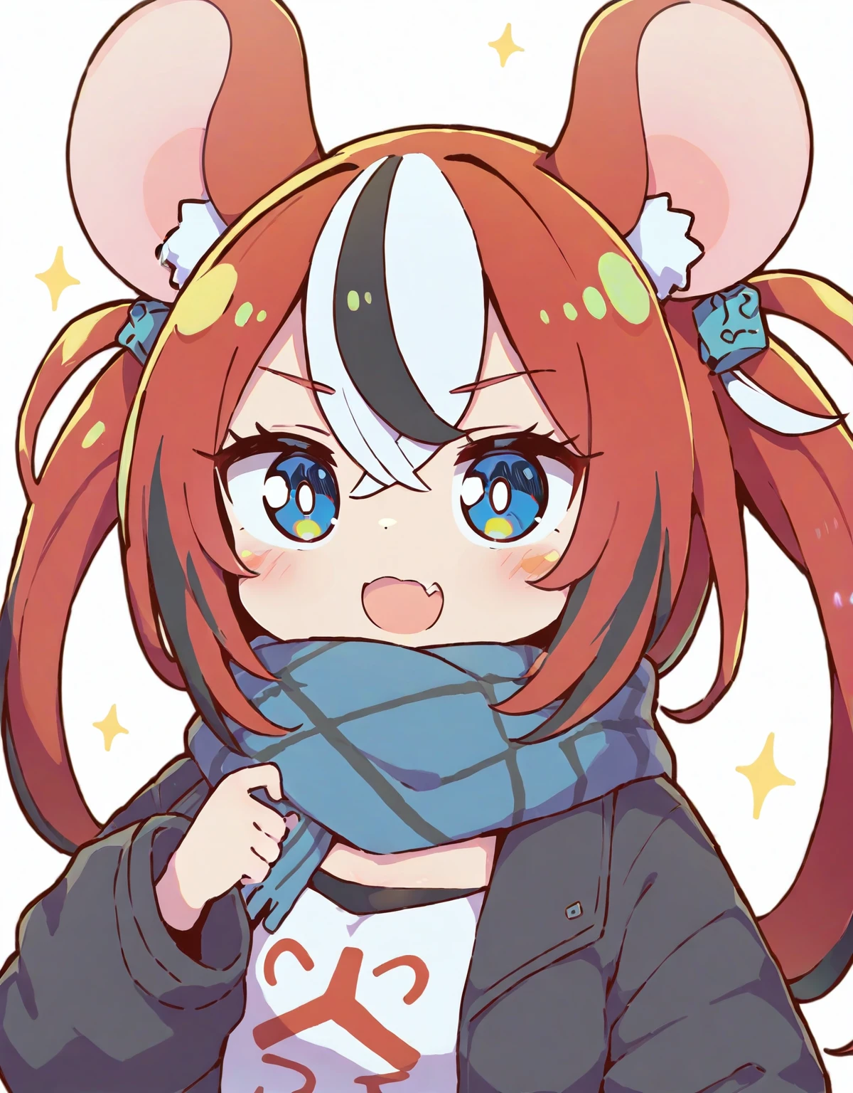 <lora:Moe:1>,1girl, animal ears, braid, blue eyes, hakos baelz,mouse ears, multicolored hair, solo, scarf, red hair, white hair, twin braids, virtual youtuber, simple background, blush stickers, white background, blue scarf, fang, black hair,, masterpiece,newest,absurdres,safe,