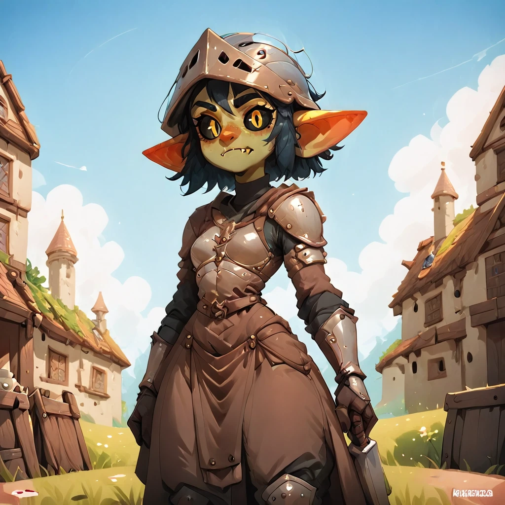 Gaby, armor, helmet, medieval battlefield <lora:Gaby_the_goblin_V1.2:1>, PonyXLV6_Scores