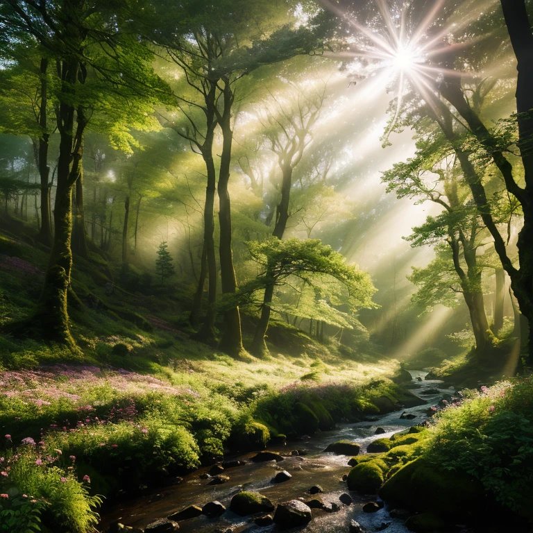 ((high details, high quality)), (professional photography, ultra realistic, sharpen image, HDR). a mysterious forest with a flower field and a river. Bright sunlight breaking through the treetops and fog, (an atmosphere of mysticism, dark fantastic landscape)