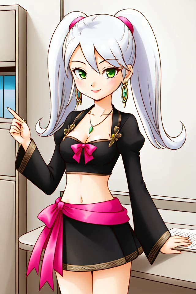 1 girl, indoors, office, desk, standing, smile,
<lora:Harvest_Moon_Hero_of_Leaf_Valley_-_Alice:0.5> holvalice, white hair, twintails, pink scrunchies, green eyes, earrings, necklace,
black crop top, juliet sleeves, long sleeves, brooch, midriff, cleavage, short skirt, black skirt, waist bow, pink bow,