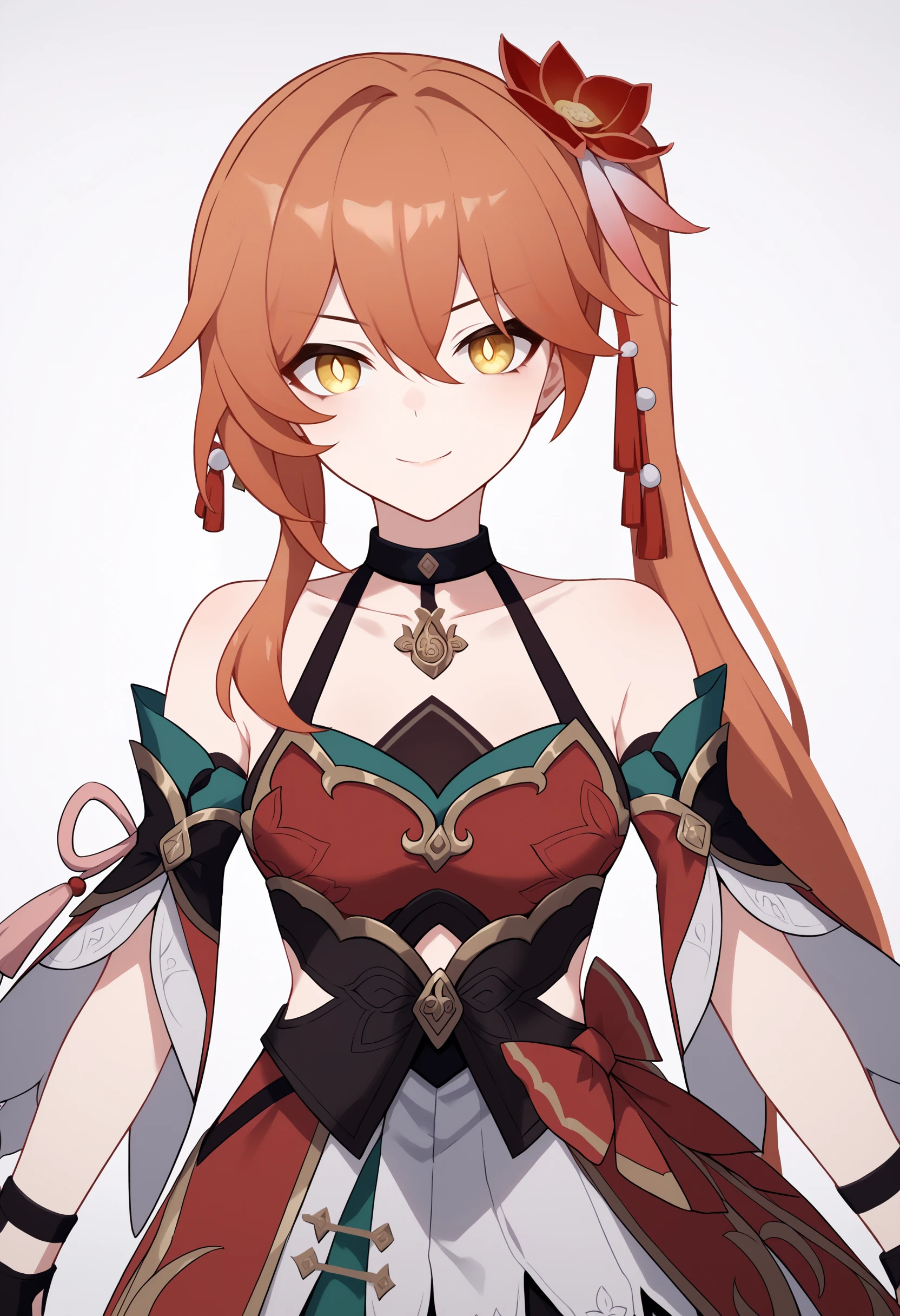 score_9, score_8_up, score_7_up, score_6_up, score_5_up, score_4_up, BREAK, source_anime,
1girl, guinaifen, hair between eyes, hair flower, hair ornament, long hair, orange hair, side ponytail, yellow eyes
bangs, bare shoulders, black pantyhose, boots, chinese clothes, detached sleeves,, fingerless gloves, red dress, red flower,
upper body, smile, looking at viewer, solo, simple background, white background <lora:GuinaifenXL:1>