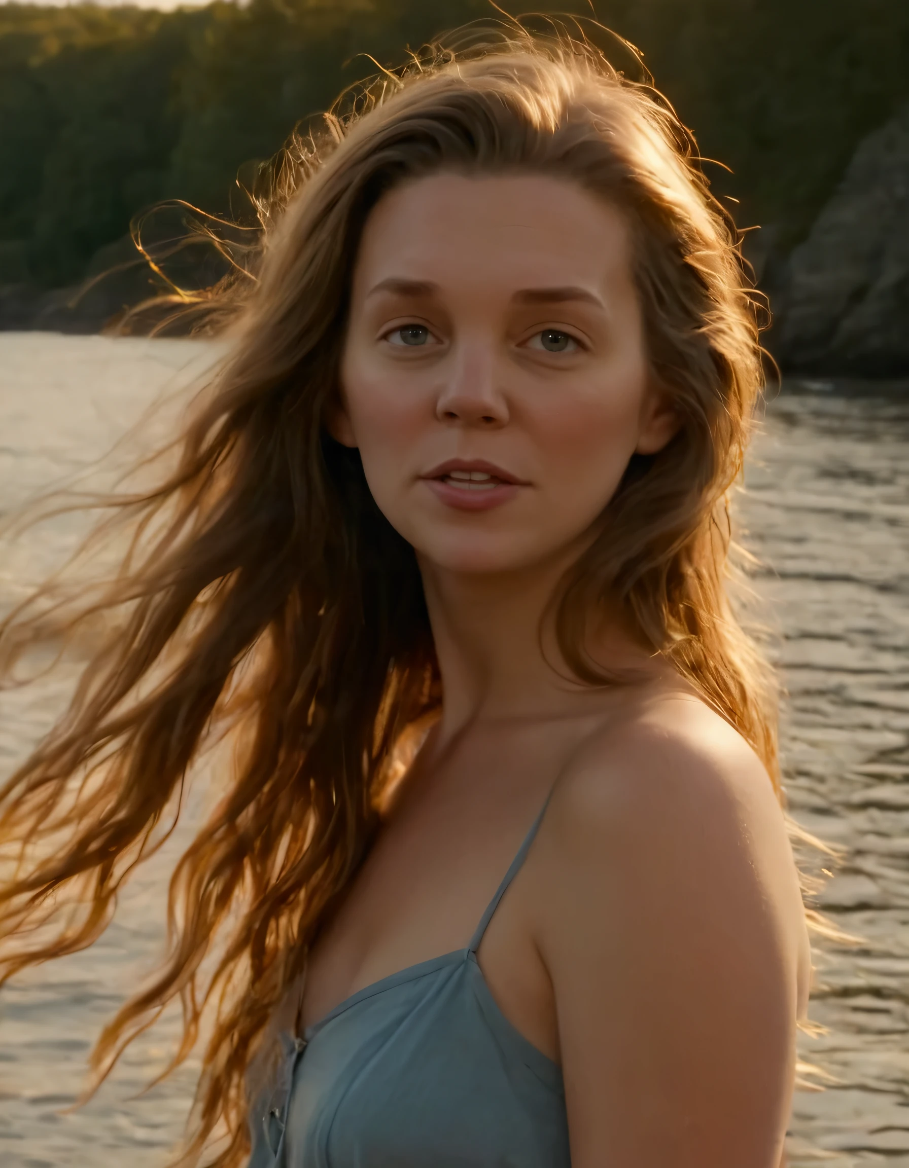 As the sun dips below the horizon, casting a warm golden hue upon the landscape, one cannot help but feel drawn to the sight of Morgan, her long, chestnut-brown hair cascading down her back in soft waves, framing her delicate features as she stands before you. Her piercing blue eyes lock onto yours, their depths filled with an intensity that makes your heart race. The realistic portrayal of this enchanting young woman leaves you feeling as though you could reach out and touch the golden strands of hair that frame her face. Yet, there is something more to Morgan - something otherworldly that leaves you questioning whether she is truly a mere mortal or a figment of your imagination. <lora:knuuqs18fe0cf88bcp577:1>