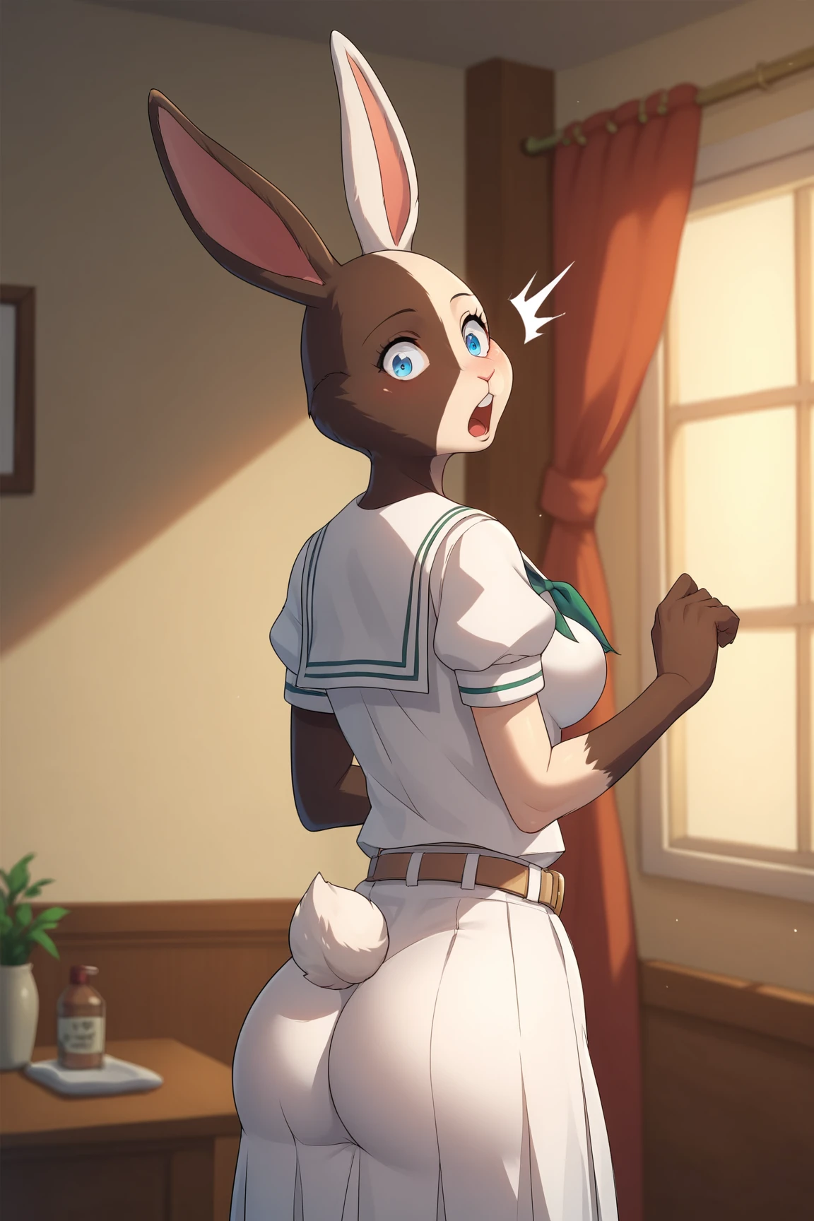 sorrel, furry female anthro, rabbit girl, standing, portrait, tranquil, cabbie hat, red scarf, crop top, gloves, boots, green shorts, solo, (body fur:1.2), (best quality), (blurry anime arena  background:1.2), small breasts, dramatic lighting, detailed fluffy fur, looking at viewer, smile, rabbit tail, ((ass)), (eyes wide, shocked expression, in pleasure, dogystyle, on al fours, anal doggystyle), ((deep painful anal, cum covered ass)), motion lines,