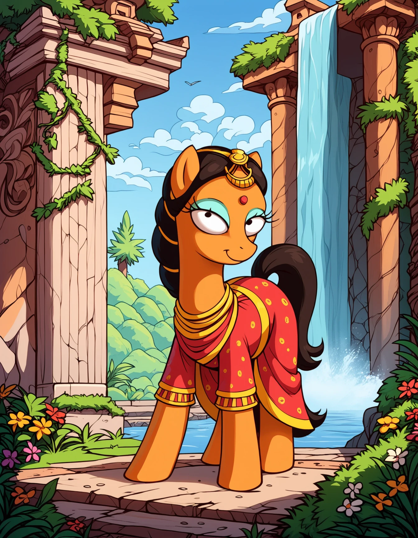 score_9, score_8_up, score_7_up, score_6_up, score_5_up, score_4_up,  
source: illustration,Manjula,Simpsons, expressive, full body, pony, feral, cute, beautiful,wearing a red indian dress, pretty,at a ancient indian temple,waterfall, djungle, road,black hair,brown fur, highly detailed, intricate details, digital art, perfect anatomy, perfect proportions, 4k, (dynamic pose:1.25),