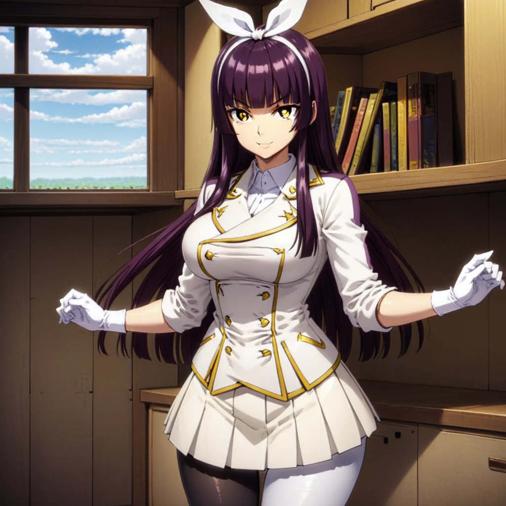 hairband, smile, blunt_bangs, white_skirt, bangs, bookshelf, panties, pleated_skirt, black_pantyhose, gloves, white_pantyhose, purple_hair, white_ribbon, jacket, 1girl, day, military, shirt, sleeves_rolled_up, long_sleeves, yellow_eyes, large_breasts, pantyshot, cloud, brown_eyes, window, indoors, black_skirt