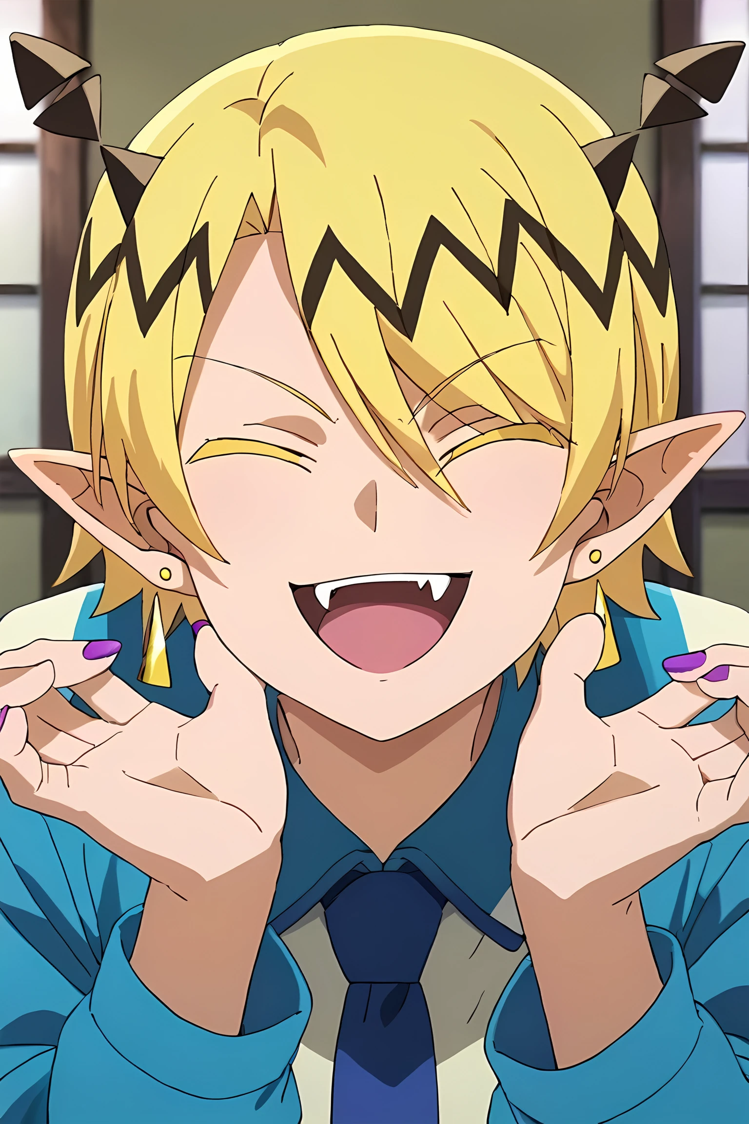 score_9,score_8_up,score_7_up,source_anime,looking at viewer, solo, 1boy, Shax Lied,blonde hair, closed eyes,earring,purple nail,pointy ears, horns, smile, indoors, upper body, cat_pose, open mouth, fangs<lora:EMS-390076-EMS:0.800000>