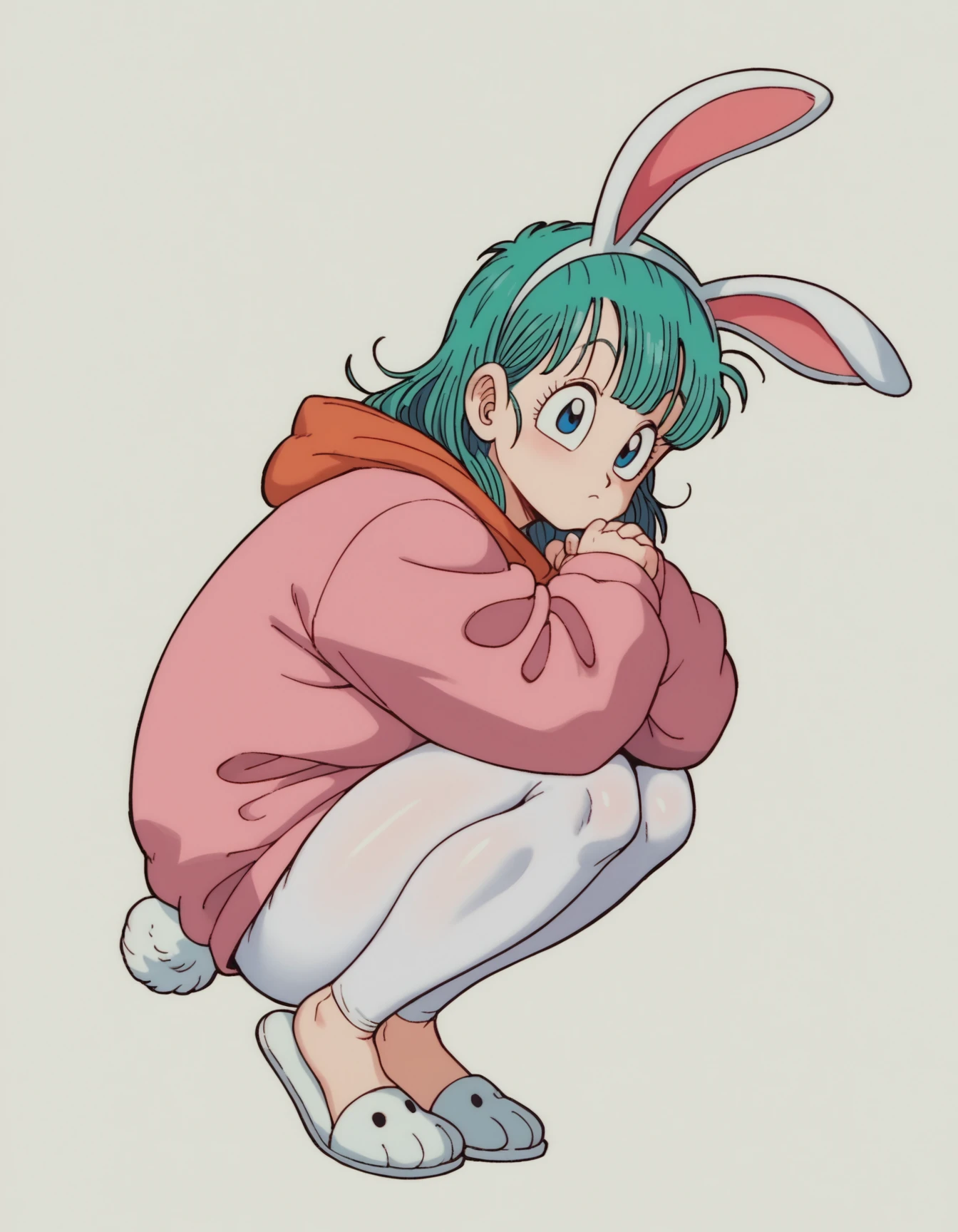 zPDXL, score_9, score_8_up, score_7_up, source_anime,
1girl, solo, <lora:EarlyAkira_v3:0.8> drgbls1, wearing White rabbit costume, rabbit head hood, rabbit tail, white leggings, white slippers, bulma, blue hair, blue eyes