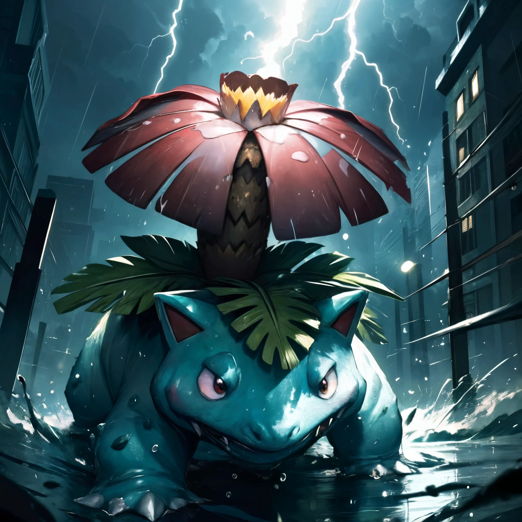 (HD), (ultra-detailed), (masterpiece), (best quality), (sharp focus), (cinematic lighting), (vibrant colors),  <lora:Venusaur_Pokemon_0003_SD_1.5:1> venusaur, pokemon, splash art, fighting, leave storm, nighttime, rain, thunder