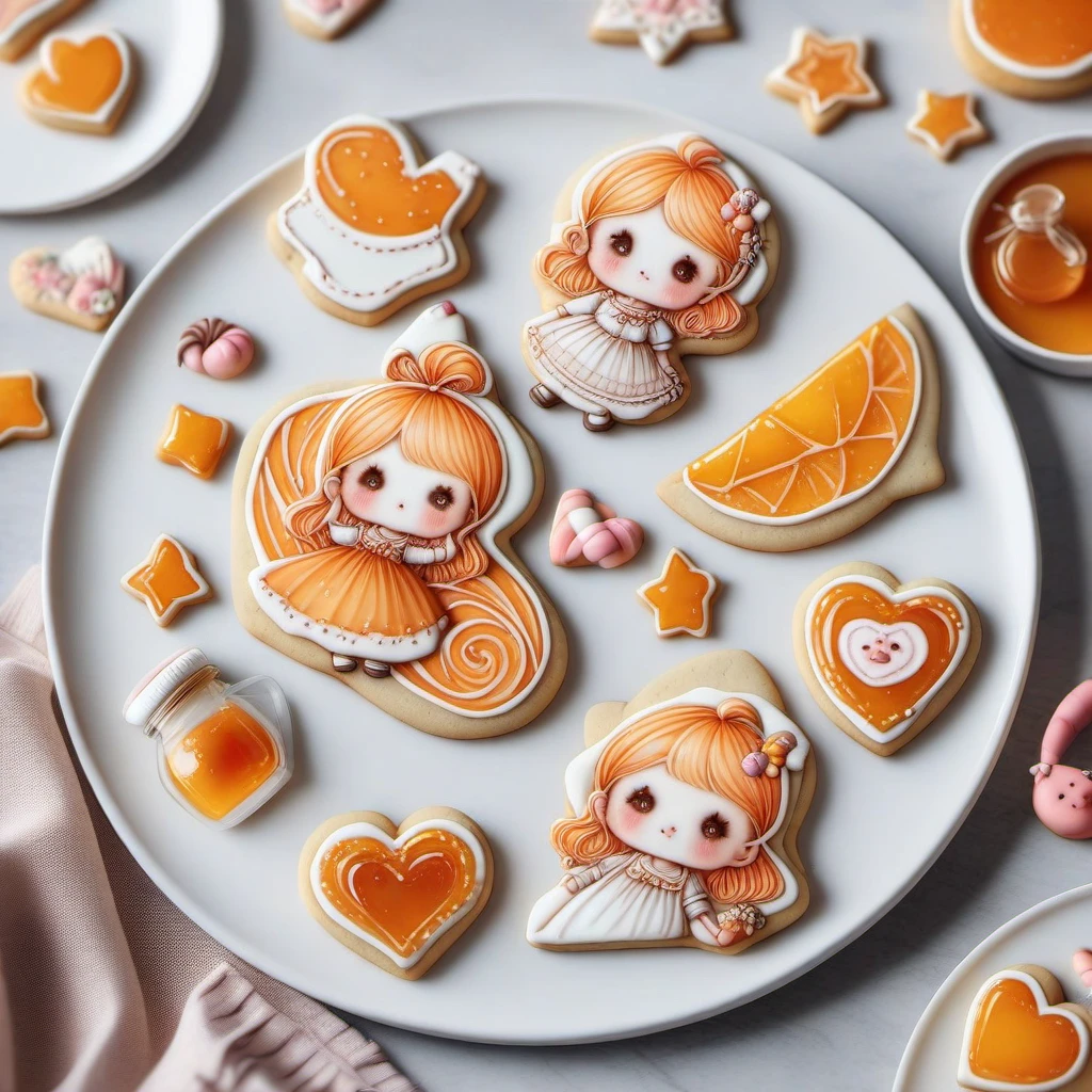 (delicate detailed many items,weightlessness and noground),candy theme,(shiny orange jam),general,best quality, absurdres, side angle,<lora:cookie:0.9> cookie art design, cookie decoration,flat art,