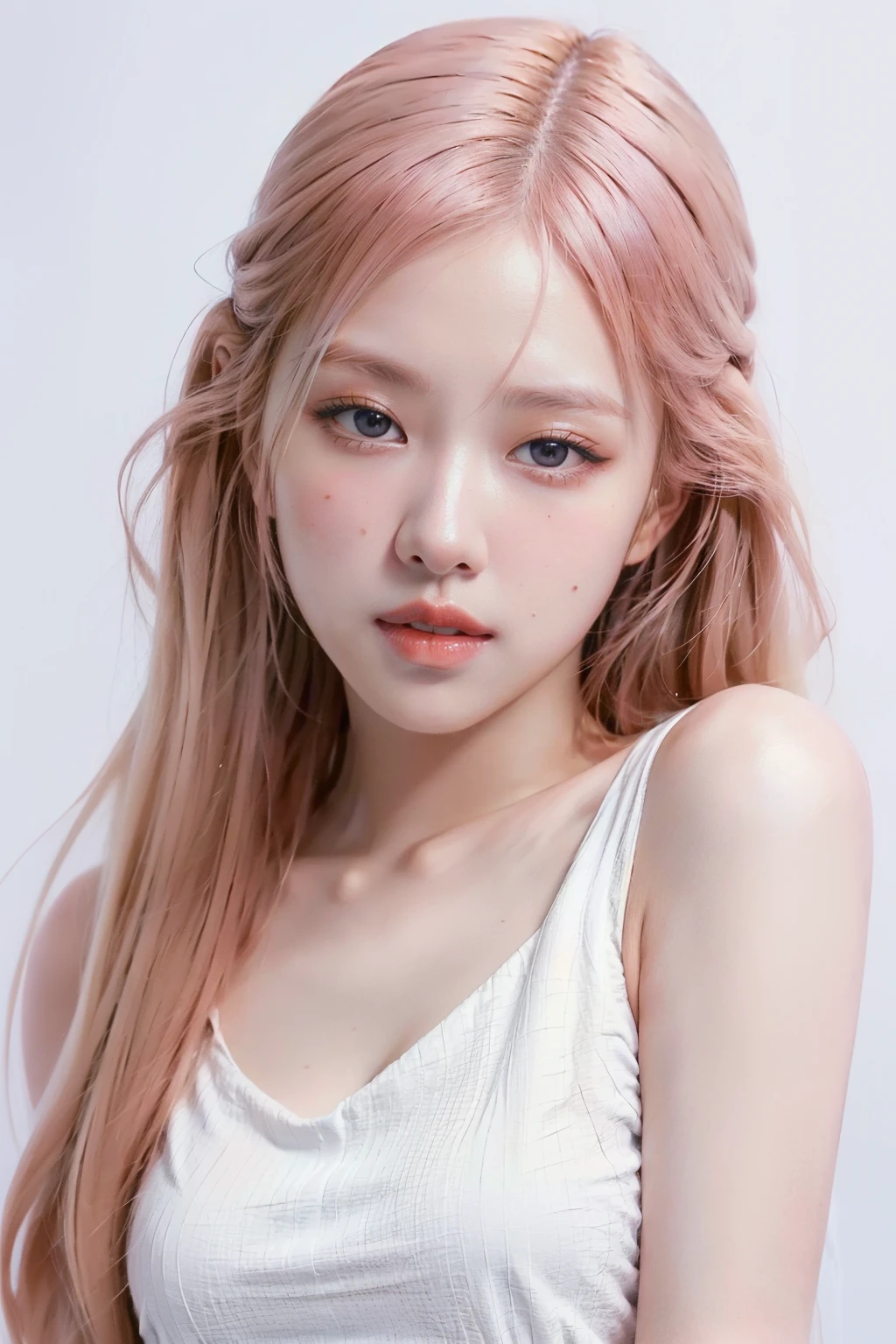 masterpiece,best quality,realisic skin details,portrait,upper body,cute girl,looking to the viewer,asian,pale skin,beautiful,simple background,looking at viewer,white outfit,<lora:Rosé-02:0.9>,Rosé,<lora:GoodHands-vanilla:1>,