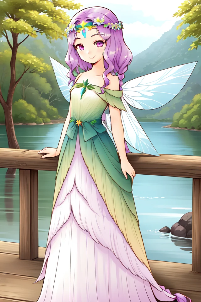 1 girl, outdoors, forest, lake, standing, smile,
<lora:Harvest_Moon_Hero_of_Leaf_Valley_-_Marina:0.5> holvmarina, purple hair, long hair, wavy hair, braided ponytail, purple eyes,
fairy wings, long dress, green dress, leaf dress, bare shoulders, laurels, head wreath,