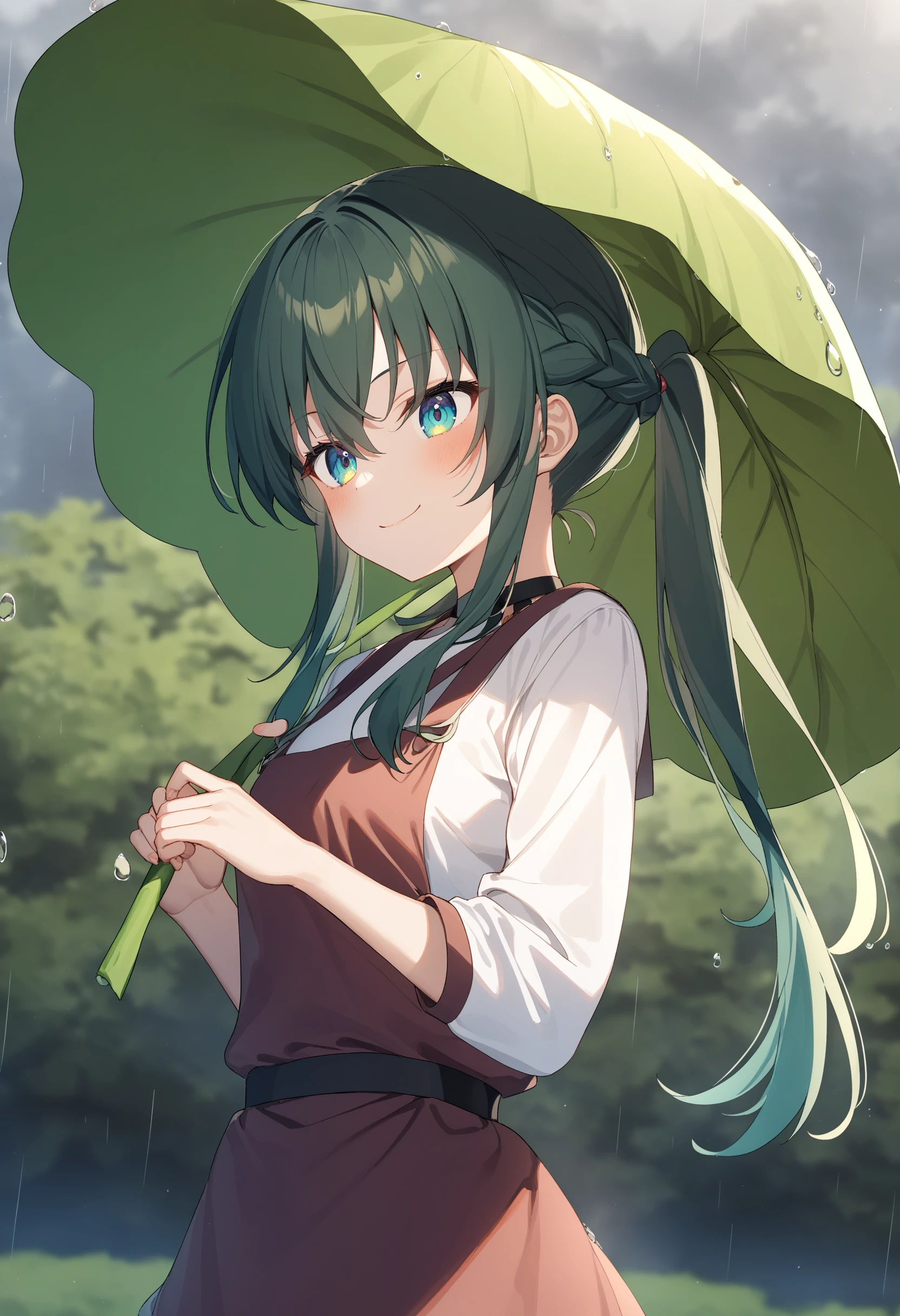 1girl,sincos, ningen mame, toosaka asagi,solo,medium breasts,
leaf umbrella, holding leaf, water drop, rain, outdoors, <lora:leafumbrella_XL_v1:0.8>
dutch angle, upper body, looking down, green hair, aqua eyes,seductive grin smug, observatory, closed mouth, braid ponytail hair,,
best quality, very aesthetic, absurdres