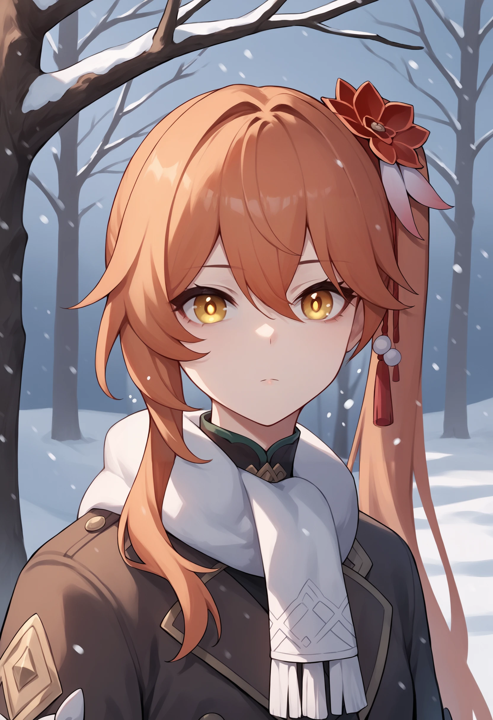score_9, score_8_up, score_7_up, score_6_up, score_5_up, score_4_up, BREAK, source_anime,
1girl, guinaifen, orange hair, bangs, hair between eyes, long hair, side ponytail, hair flower, hair ornament, yellow eyes,
winter clothes, white scarf, coat,
expressionless, looking at viewer, outdoors, snow, snowing, solo, tree, winter <lora:GuinaifenXL:1>