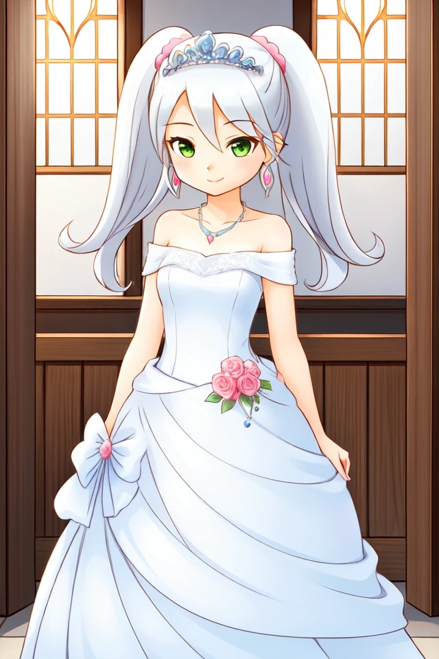 1 girl, indoors, church, standing, smile,
<lora:Harvest_Moon_Hero_of_Leaf_Valley_-_Alice:0.5> holvalice, white hair, twintails, pink scrunchies, green eyes, earrings, necklace,
tiara, earrings, necklace, wedding dress, white dress, bare shoulders, sleeveless dress,