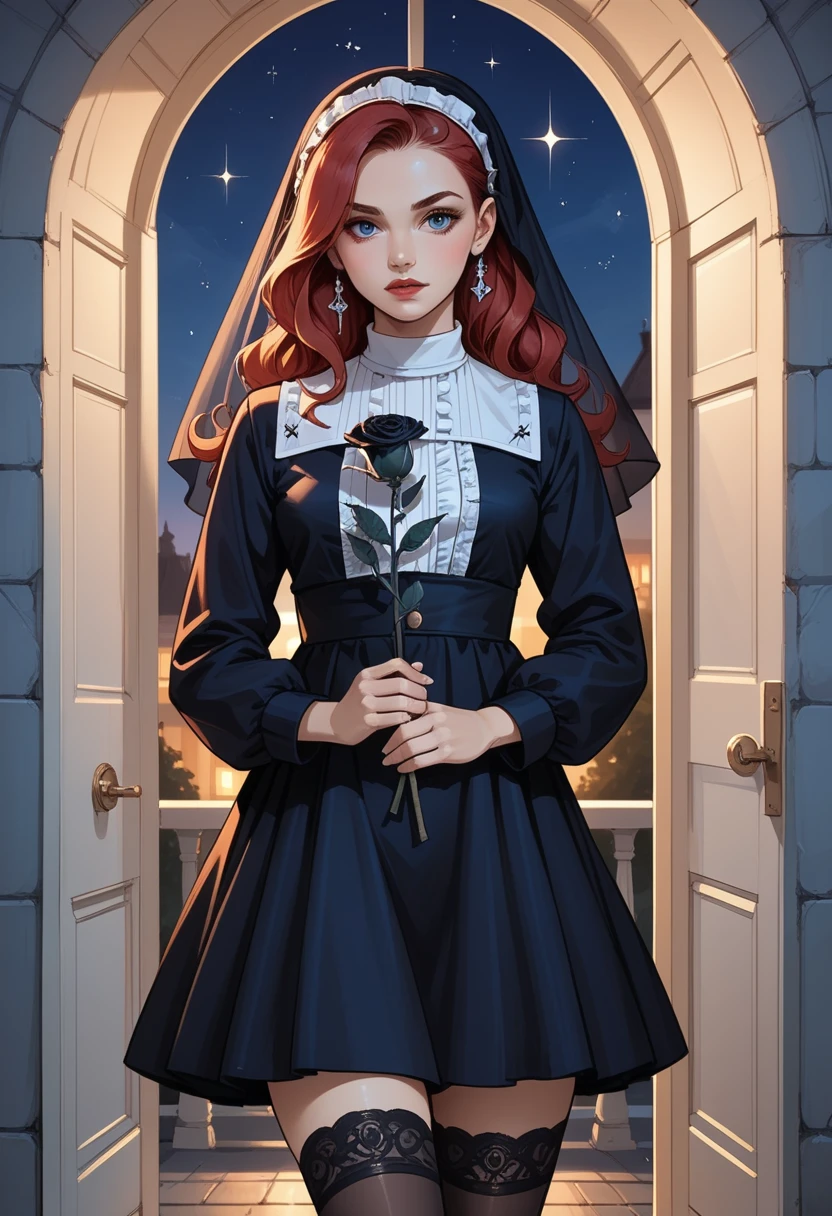score_9, score_8_up, score_7_up, score_6_up, score_5_up, score_4_up, 1girl, blue eyes, long red hair, hud_s1n, short black dress, long sleeves, veil, thighhighs, holding a black rose, <lora:sinner-000008:0.7>, ouitdoors, night, starry sky