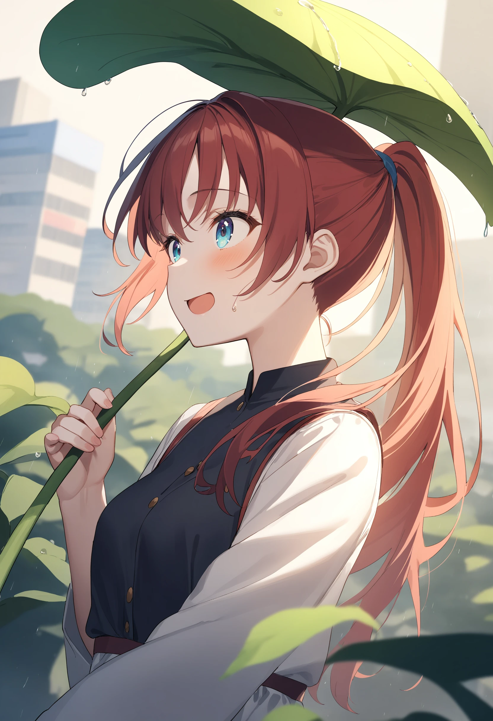 1girl,sincos, ningen mame, toosaka asagi,solo,medium breasts,
leaf umbrella, holding leaf, water drop, rain, outdoors, <lora:leafumbrella_XL_v1:0.8>
ceiling, cinematic angle, looking ahead, red hair, white eyes,sad smile, Shibuya city, open mouth, high ponytail hair,,
best quality, very aesthetic, absurdres