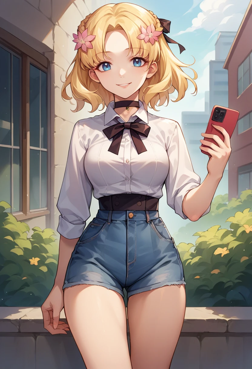 score_9, score_8_up, source_anime, 1girl, solo, MariaCampbell, medium hair, hair flower, hair ribbon, parted bangs, white shirt, dress shirt, black choker, holding cellphone, denim shorts, high-waist shorts, outdoors, smile, <lora:ChamMariaCampbellPonyXL:1>