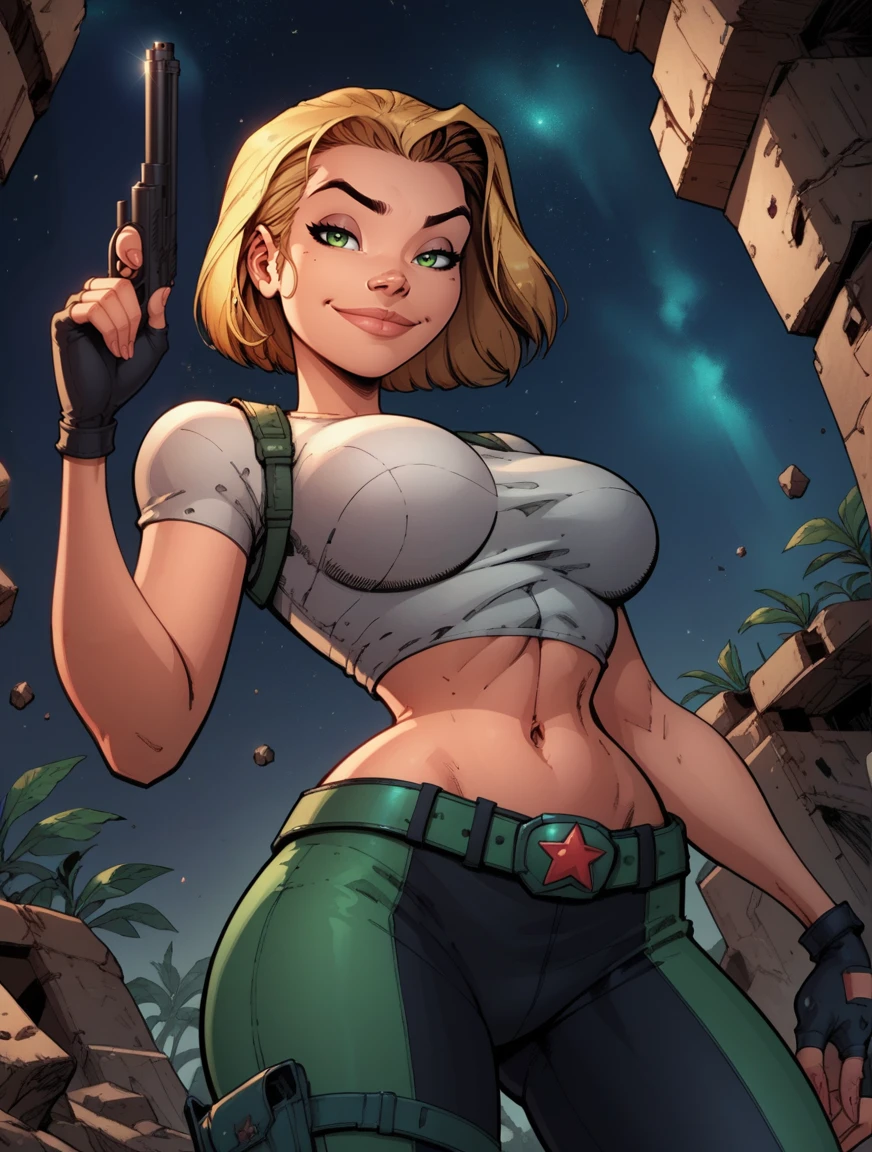 score_9, score_8_up, score_7_up,score_6_up, score_5_up, score_4_up , 1girl, solo,
large breasts, 
AchaseDG,
hort hair, blonde hair, green eyes, 
white shirt, black gloves, crop top, green and black pants, belt, fingerless gloves,
skin_tight, 
from below, 
jungle,night, starry sky,  light particles, rubble, trigger discipline, 
holding handgun, 
looking at viewer, half-closed eyes, smile,closed mouth, 
<lora:AbbyChase DG PonyXL V1:0.90>