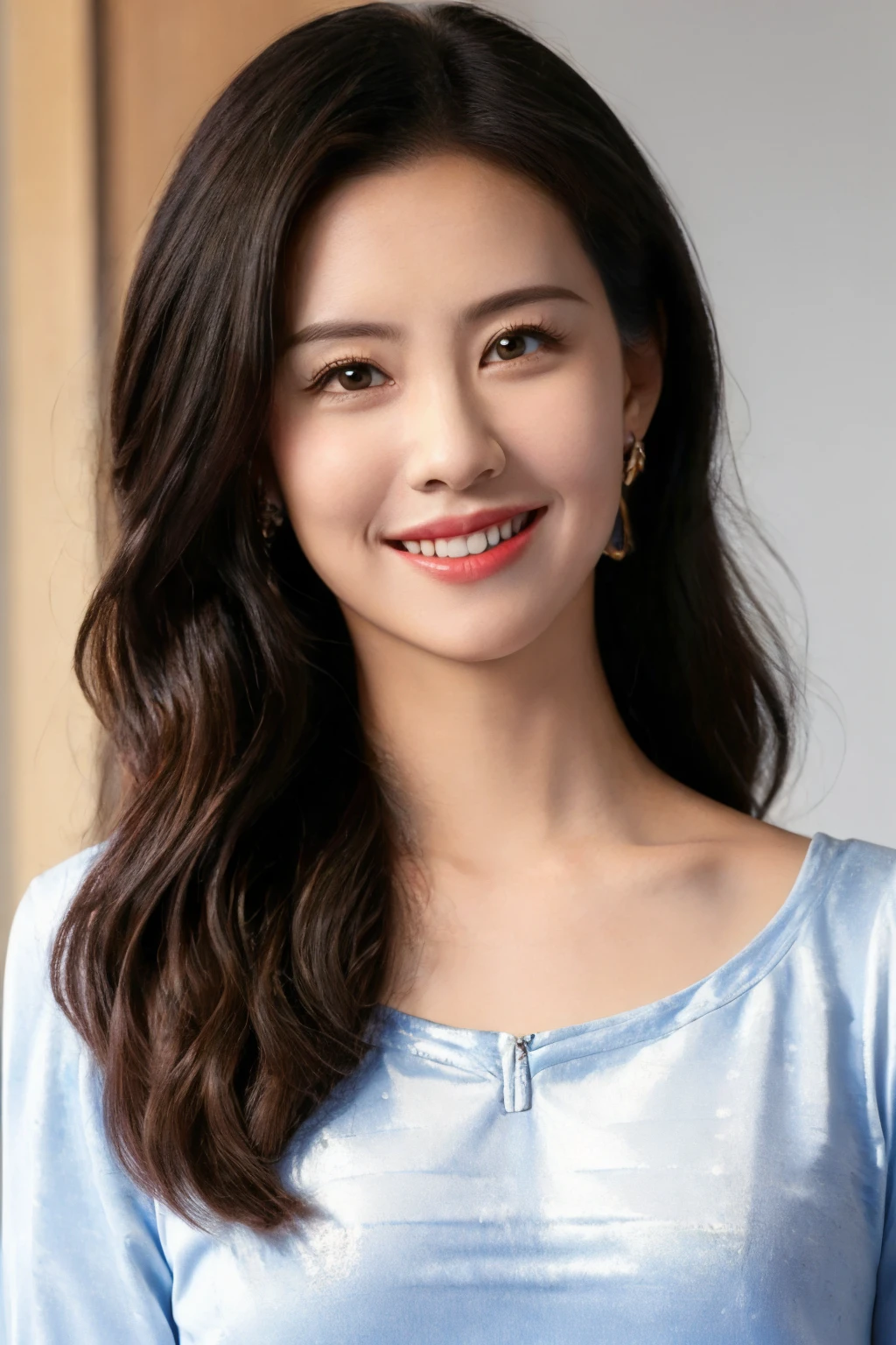 1girl,solo,(masterpiece, best quality),realistic,jewelry,long hair,looking at viewer,earrings,<lora:cdl1:0.7>,upper_body,smile,