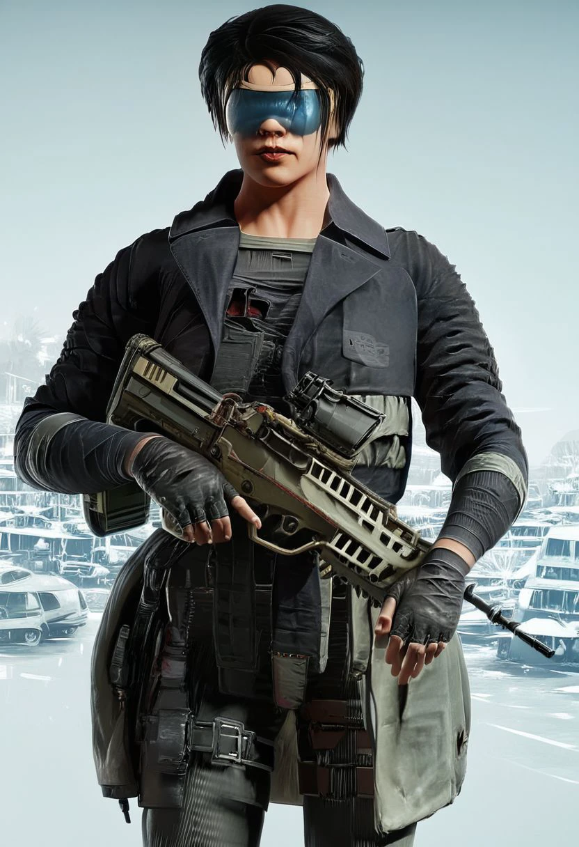 ying, ying \(rainbow six siege\),ying elite \(rainbow six siege\), 1girl,solo,short hair,black hair,gloves,jacket,weapon,fingerless gloves,gun,sunglasses,realistic,assault rifle,trigger discipline,submachine gun,shotgun