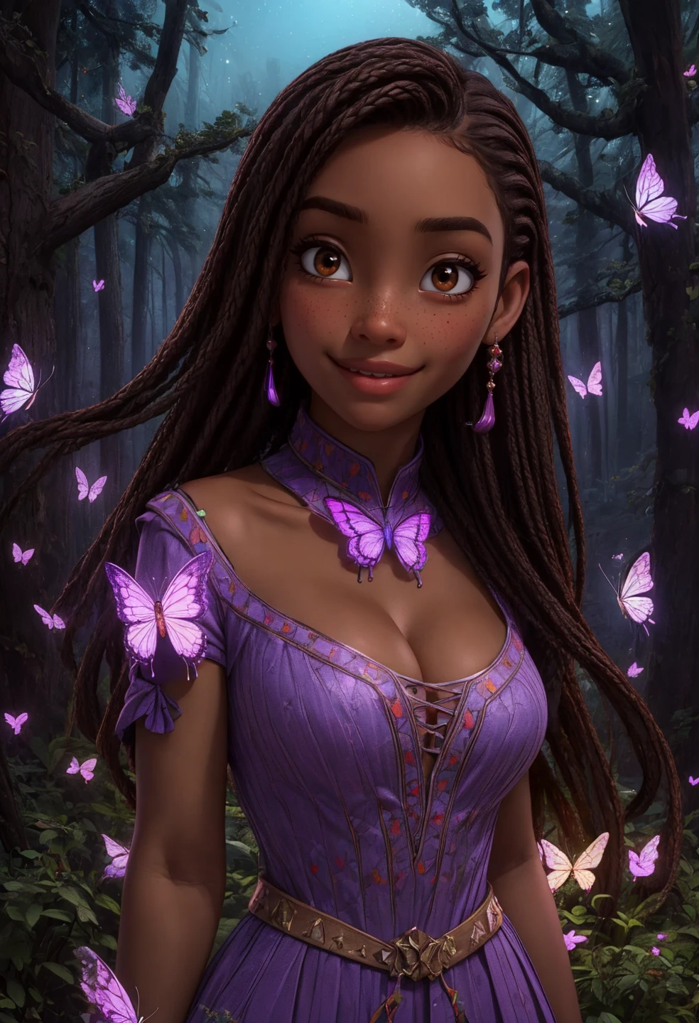 1girl, solo, ((half body shot:1.3)), ((facing viewer, looking at viewer)), <lora:AshaDisney-Stasis:0.7> DisneyAsha, brown hair, brown eyes, braids, <lora:Boobastic123:0.1> cleavage, intricate, absurdres, highest quality, extremely detailed, immaculate, epic, masterpiece, RAW photograph, <lora:depth_of_field_slider_v1:8> <lora:add_detail:0.9> ((at mysterious glowing forest, glow:1.3, night, butterflies)), (lilac dress, dark skin, dark-skinned)) <lora:glowart_v2:0.5> glowart
