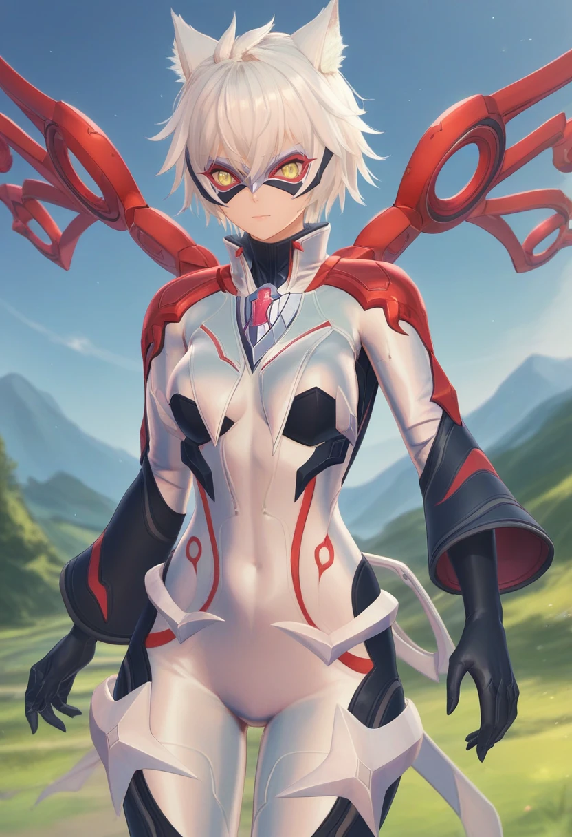 score_9, score_8_up, score_7_up, 1girl, solo, cowboy shot, multicolored bodysuit, bodysuit sleeves, bodysuit gloves, mask, mechanical wings, pale yellow eyes, messy hair, na'el, outdoors <lora:nael xl 033 fro 95:1>