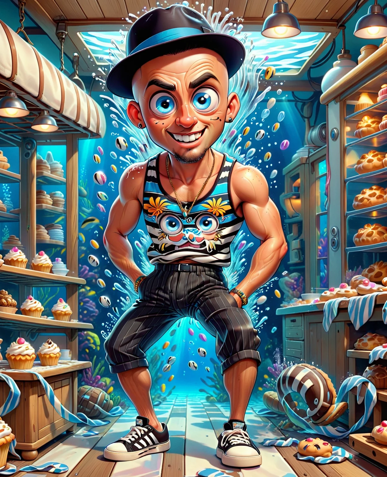 DonMC4745tr0ph1cXL male legal age voluminous, native hawaiian, light blue eyes, rounded forehead, diamond face shape, , black bald head hair, interest wearing cropped trousers, velvet striped Tank Top, canvas sneakers, boater hat, , leg cross, crossing one leg over the other, evoking a sense of elegance and intrigue, underwater lighting, a dreamlike, blue-tinted illumination for underwater scenes, adding a sensual touch, a charming bakery, with mouth-watering pastries and the sound of friendly chatter, <lora:DonMC4745tr0ph1cXL:1>