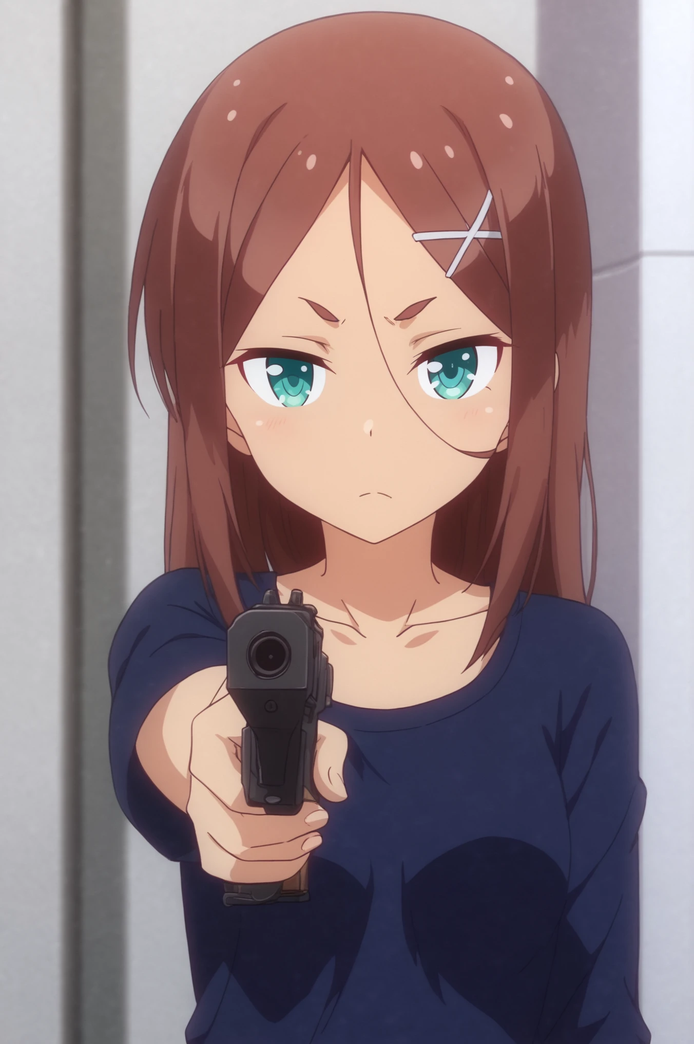<lora:Umiko_Ahagon:0.7> Umiko Ahagon, looking_at_viewer, holding, collarbone, weapon, holding_weapon, blurry, gun, x_hair_ornament, holding_gun, handgun, aiming <lora:sdxl_lightning_4step_lora:1>