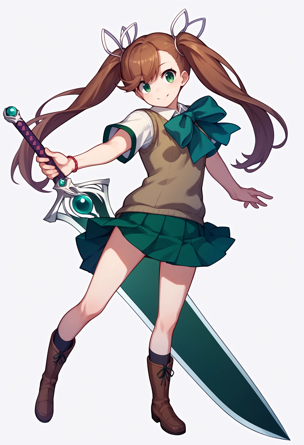 score_9, score_8_up, score_7_up, score_6_up, score_5_up, score_4_up, BREAK, source_anime,
1girl, nanase, brown hair, twintails, hair ribbon, long hair, green eyes,
bow, green pleated skirt, school uniform, sweater vest, white shirt, brown boots,
holding a giant sword,
dynamic pose, full body, smile, looking at viewer, solo, simple background, white background <lora:NanaseXL:1>
